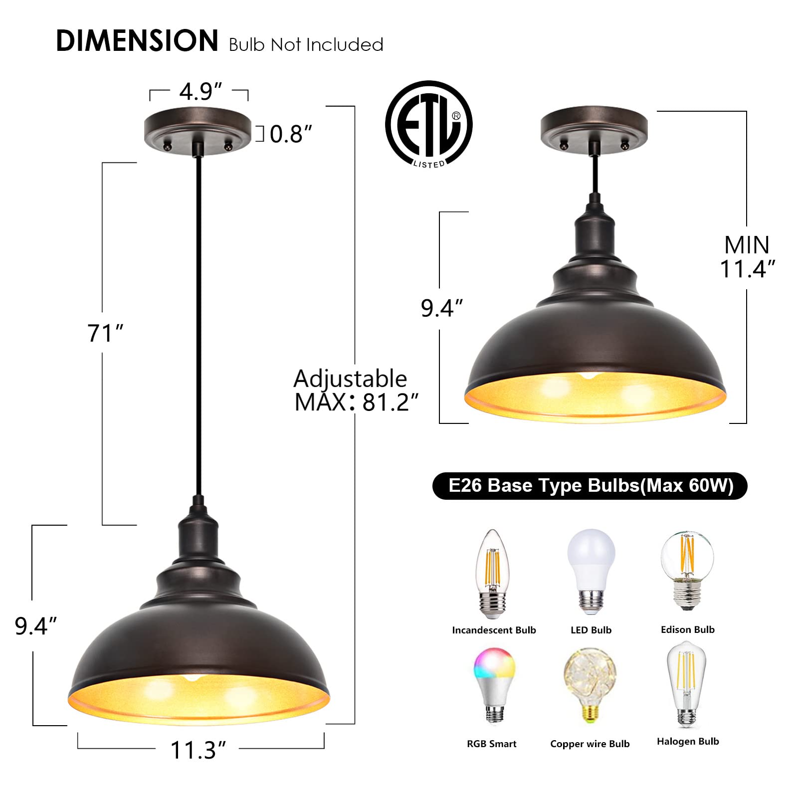 2 Pack Farmhouse Pendant Lights - Bronze Industrial Adjustable Hanging Barn Lamps for Kitchen Island, Dining Room & Sink Lighting - Rustic Home Decor Fixtures