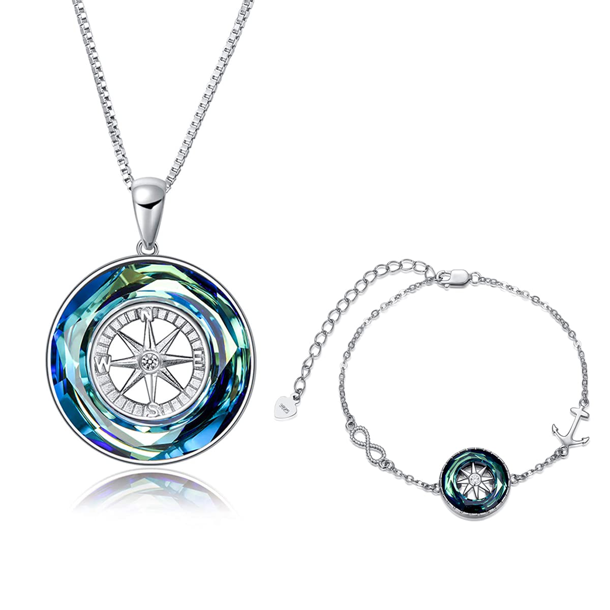 AOBOCO 925 Sterling Silver Compass Jewelry Set - Blue Crystal Necklace & Bracelet for Women | Graduation Gift, Travel Accessory, Inspirational Jewelry