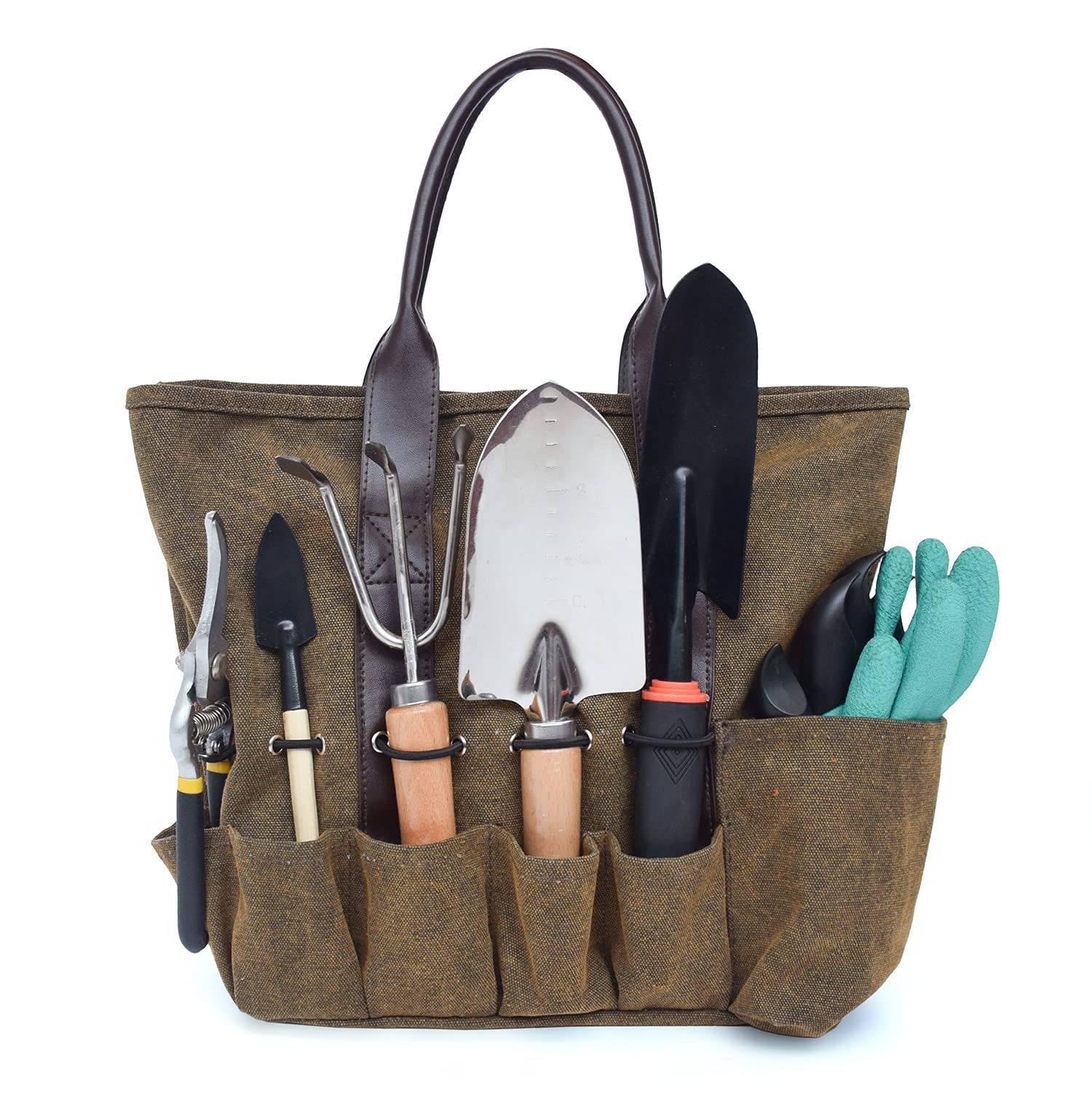 HMGANGA Heavy Duty Canvas Gardening Tool Bag with Multiple Pockets - Portable Garden Tool Organizer for Outdoor Work, Yard Maintenance & Landscaping - Durable Storage Tote for Shovels, Pruners & Gardening Accessories (Green) - Perfect for Gardeners, Landscapers & DIY Enthusiasts