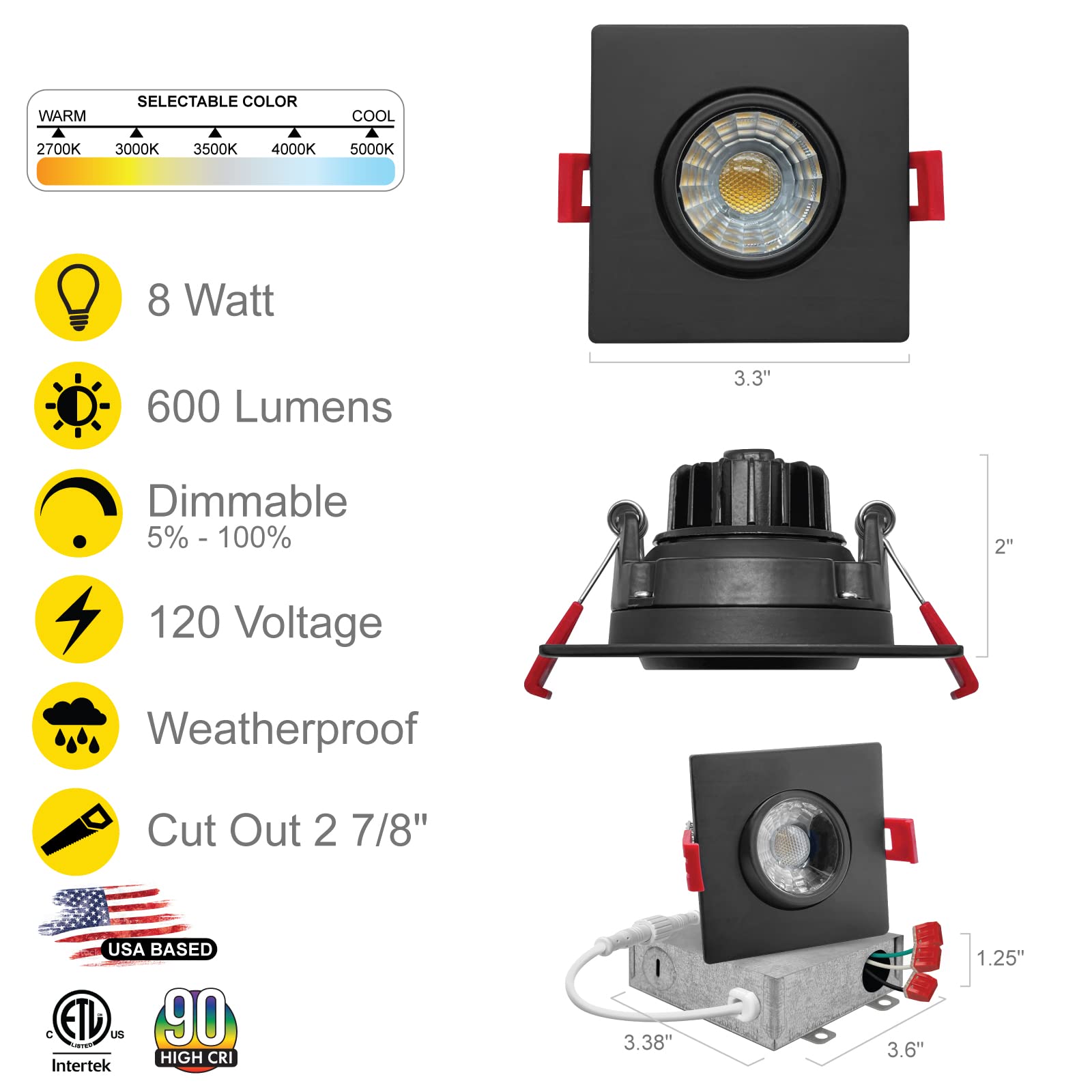 NUWATT 3 Inch LED Gimbal Recessed Lights - Black Square, 5CCT Selectable (2700K-5000K), 8W 600 Lumens, IC & Wet Rated, 120V Dimmable Canless Adjustable Downlight - 4 Pack - Perfect for Living Rooms, Kitchens & Bathrooms