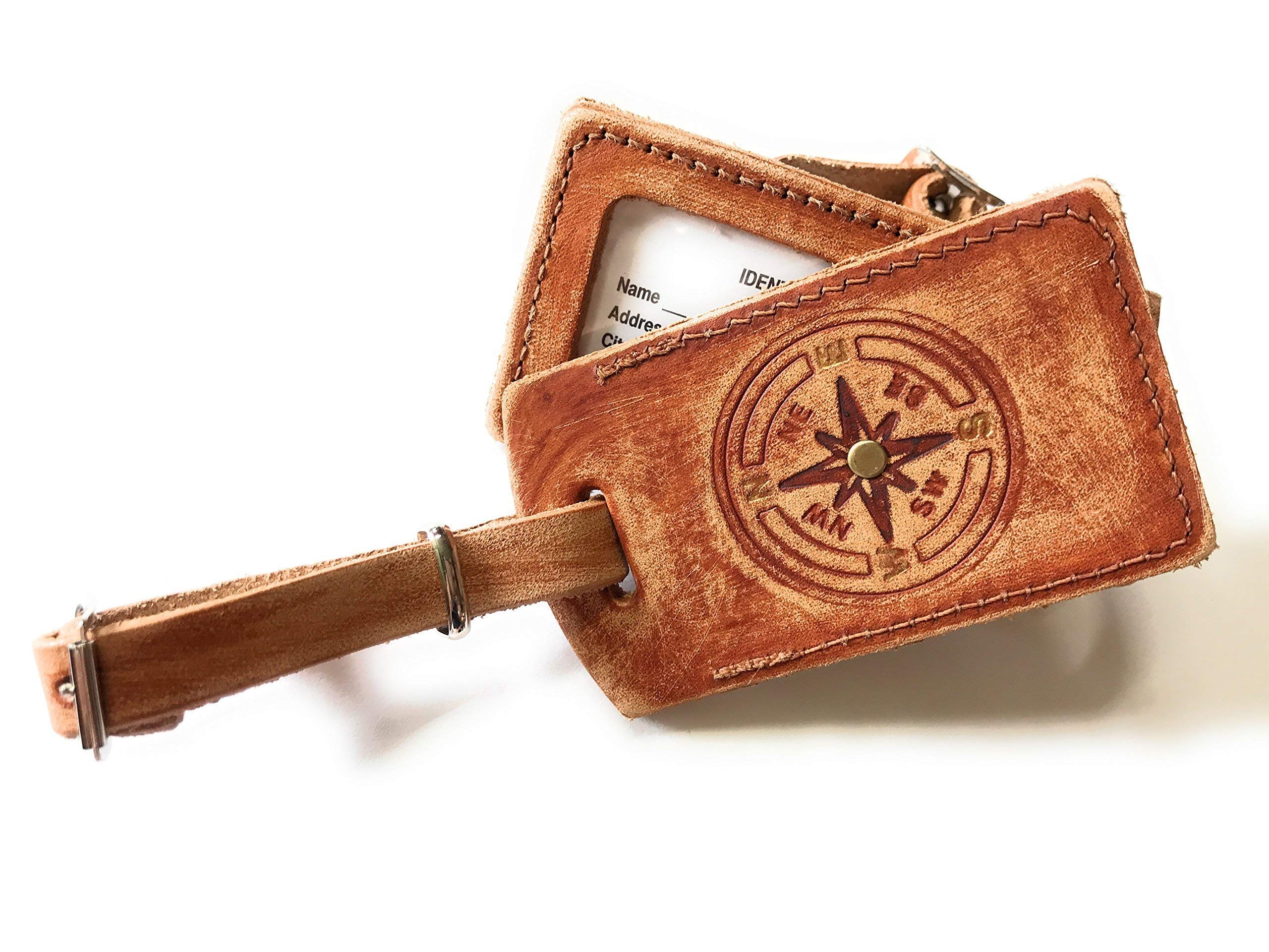 Vintage Boho Leather Luggage Tag with Compass Rose Design & Custom Name Plate - Perfect for Travel, Suitcases, Backpacks & Gift Giving