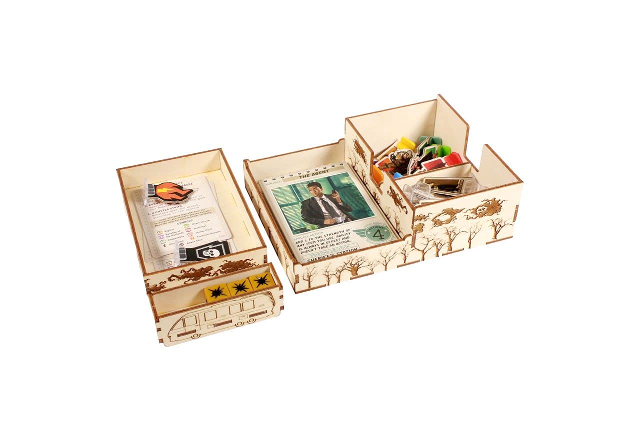 Premium Wooden Game Organizer for Horrified: American Monsters - The Broken Token Storage Box with Multiple Trays | Perfect for Board Game Enthusiasts & Organized Game Nights