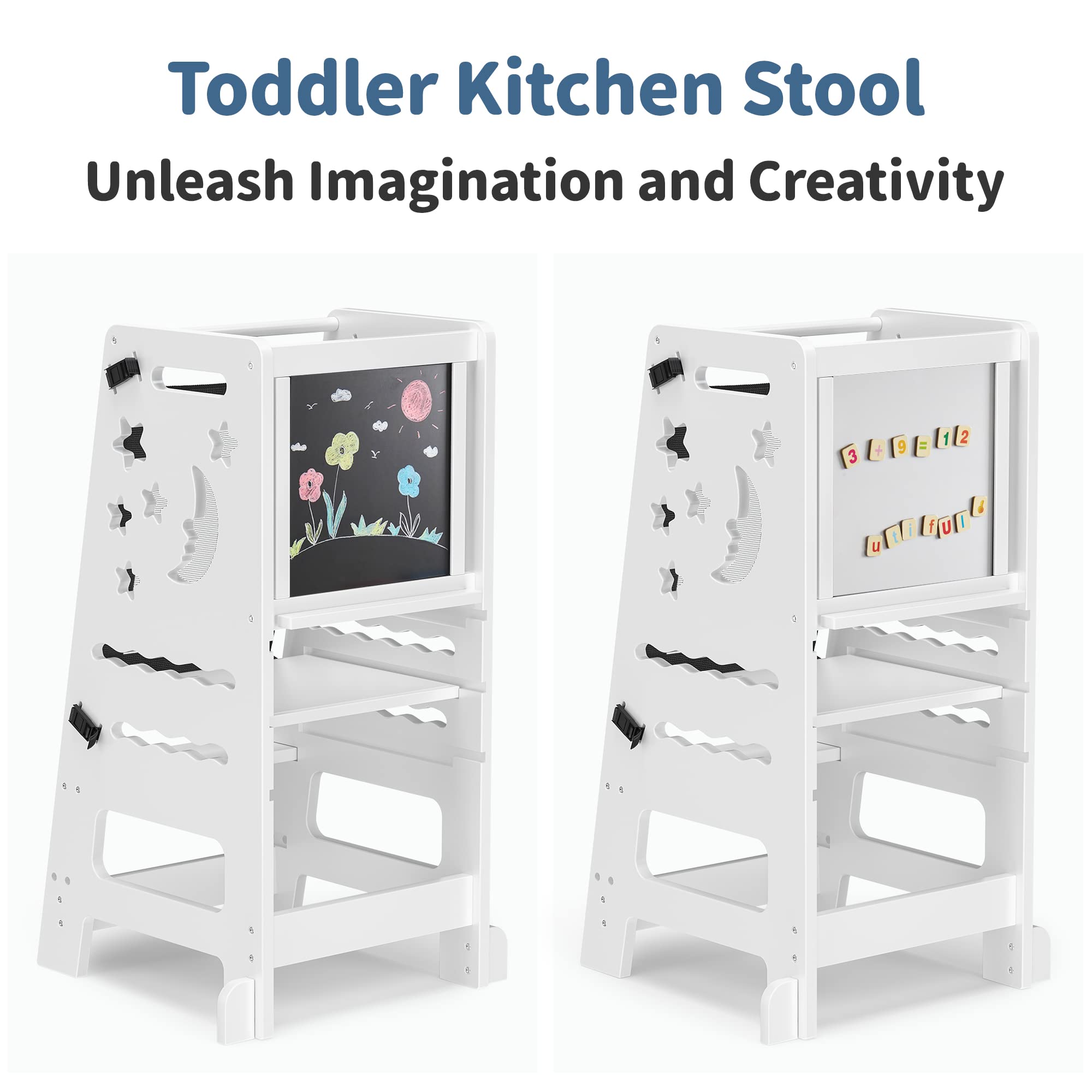 TOETOL Adjustable Bamboo Toddler Step Stool - Kids Learning Tower Helper with Black & White Activity Board | Safe Kitchen Stool for Cooking, Baking & Playtime | Eco-Friendly Toddler Stool for Montessori Learning