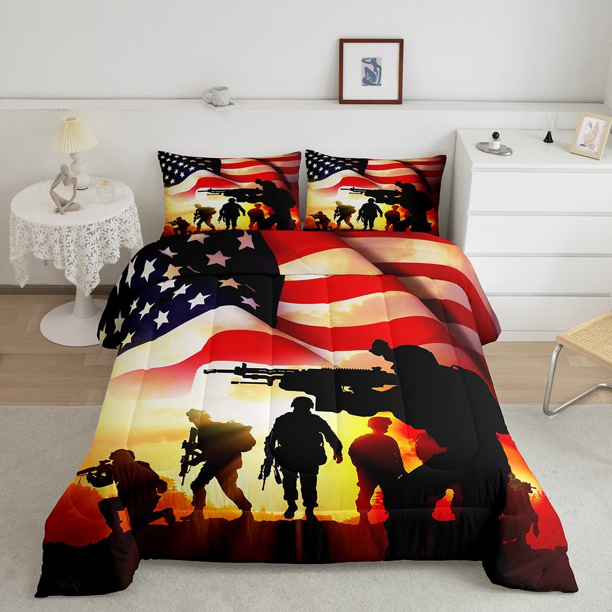 American Flag Comforter Set for Boys & Teens - Machine Gun Print Retro Sunrise Geometric Stripe Stars Design with 2 Pillowcases, Full Size | Patriotic Bedding for Kids Room Decor & Military Theme Bedroom
