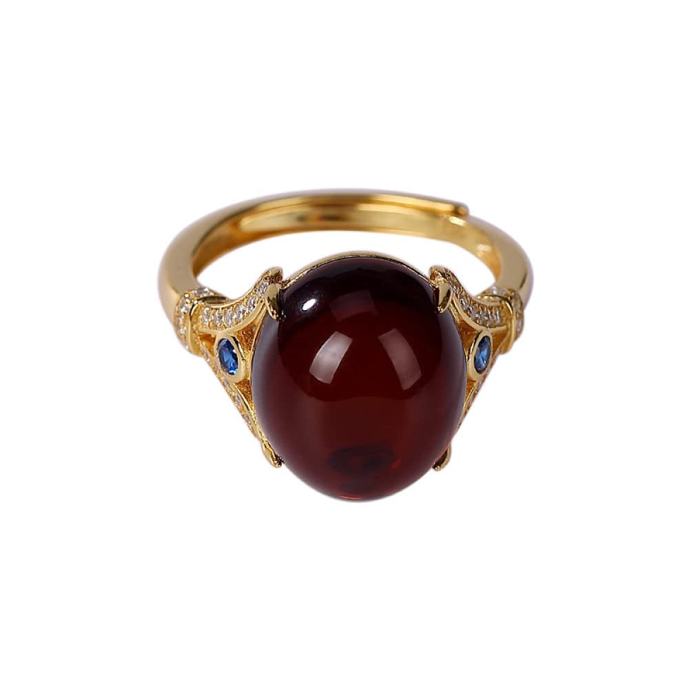 925 Sterling Silver Adjustable Open Ring for Women & Men - Red Amber Inlaid with Micro-Set Zircon, Light Luxury Polished Jewelry Gift for Her/Him - Perfect for Anniversary, Valentine's Day & Everyday Wear