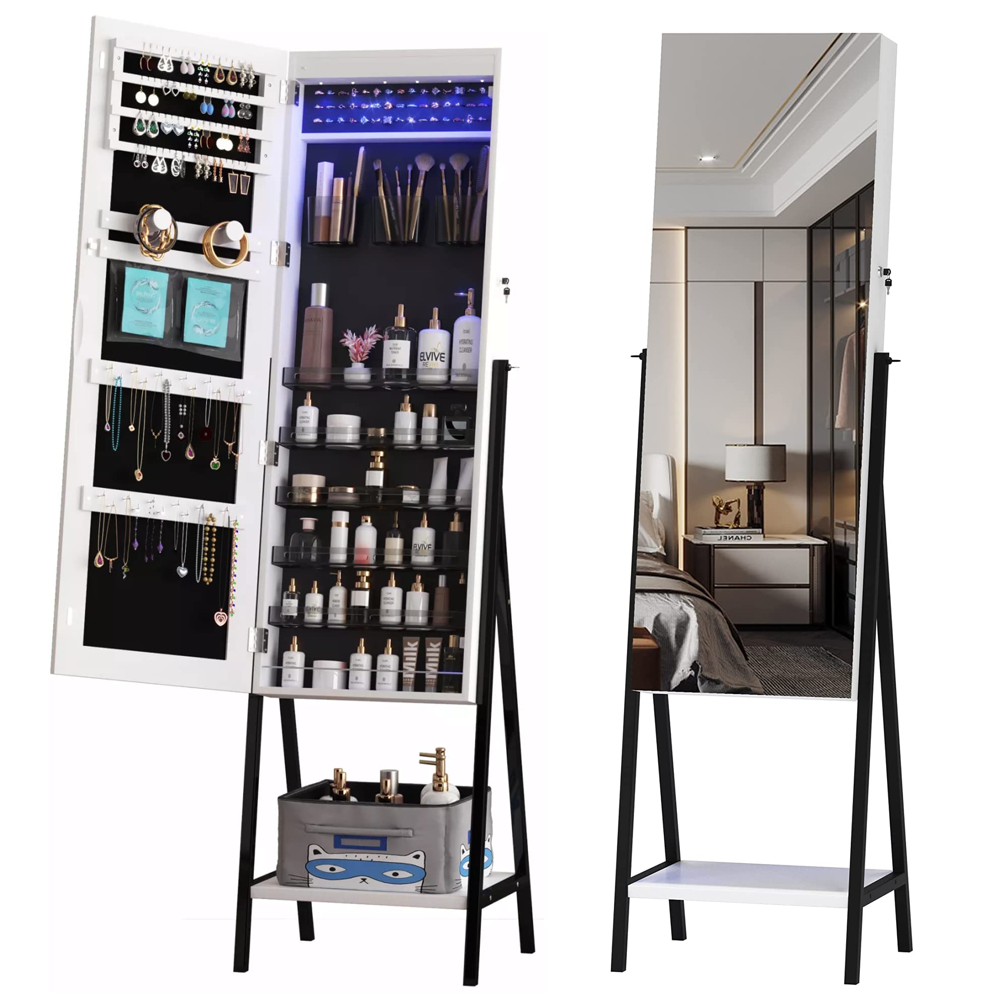 LVSOMT 6 LED Standing Jewelry Mirror Cabinet with Lockable Storage - Full Length Floor Mirror Organizer with Iron Legs & Bottom Shelf - White Jewelry Armoire for Bedroom, Dressing Room & Closet Organization