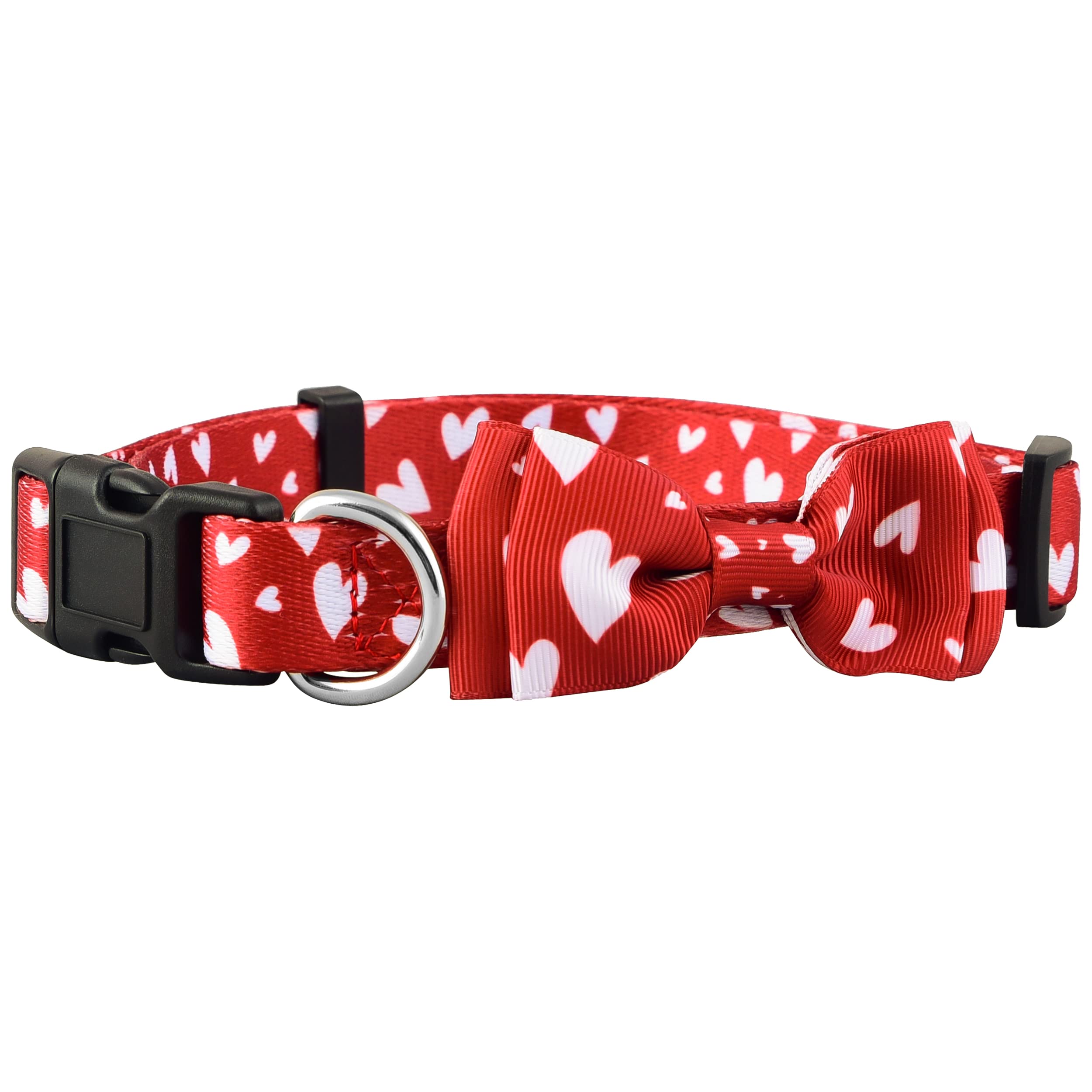 Valentine's Day Dog Collar with Adjustable Bow Tie - Cute Heart Pattern Pet Collar for Small, Medium & Large Dogs (White Hearts, Large) - Perfect for Valentine's Gifts, Pet Parties & Photo Shoots