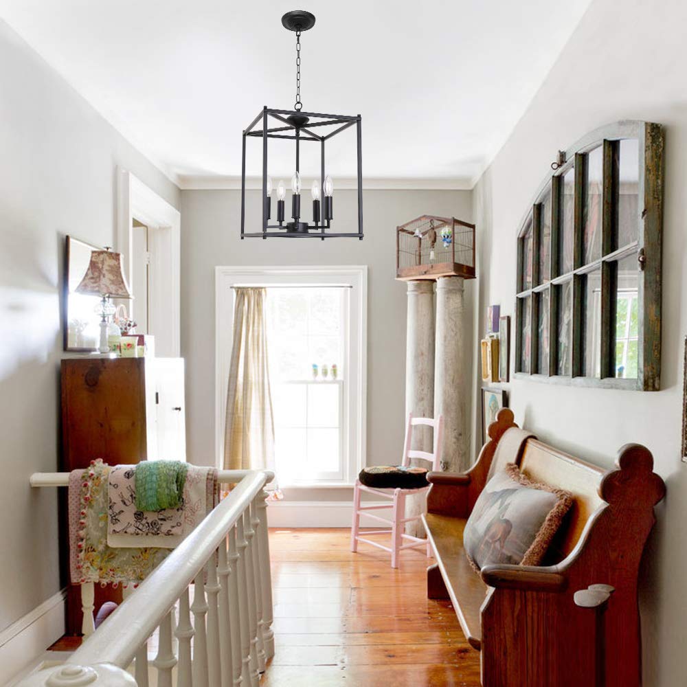 5-Light Farmhouse Chandelier - Matte Black Industrial Pendant Lighting Fixture for Dining Room, Porch & Entryway | Rustic Candle Lantern Ceiling Light for Home Decor