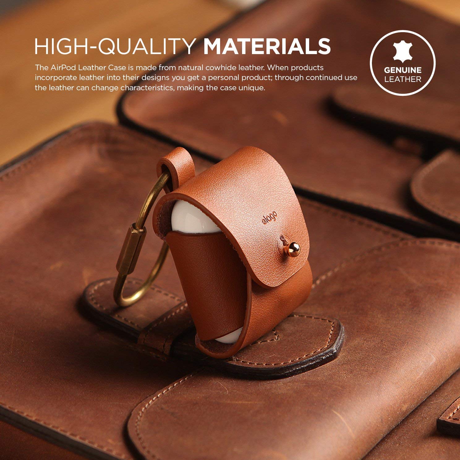 Premium Genuine Leather Case for AirPods 1 & 2 - Natural Cowhide Cover with Brass Ring Holder | Wireless Charging Compatible | Perfect for Travel, Work & Everyday Use [Brown]