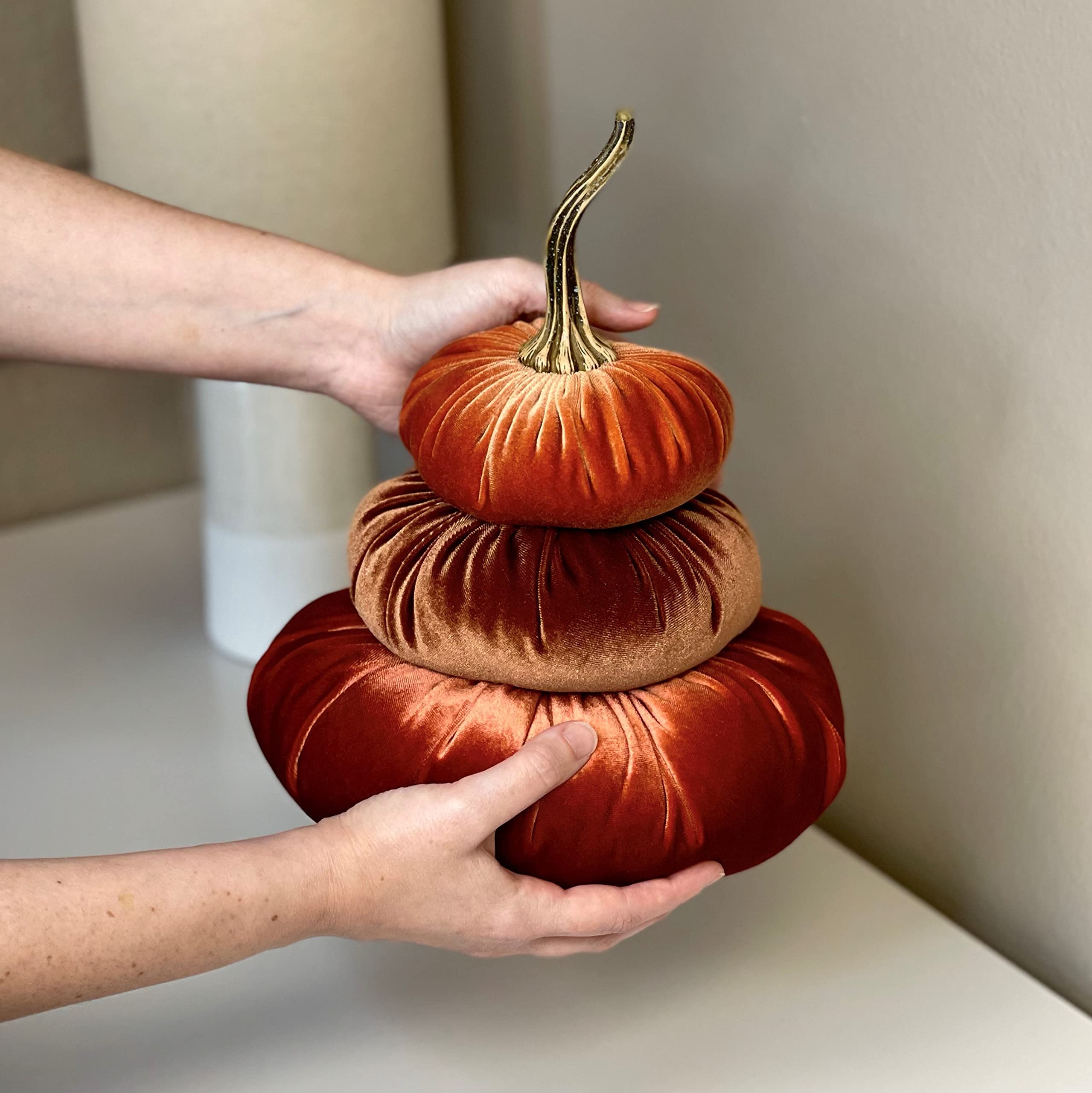Stacked Velvet Pumpkins for Home Decor - Rustic Fall Table Centerpiece, Seasonal Mantle Display & Wedding Decor (Rust, Floral, Gold) | Perfect for Autumn Tablescapes, Thanksgiving Decor & Cozy Farmhouse Styling