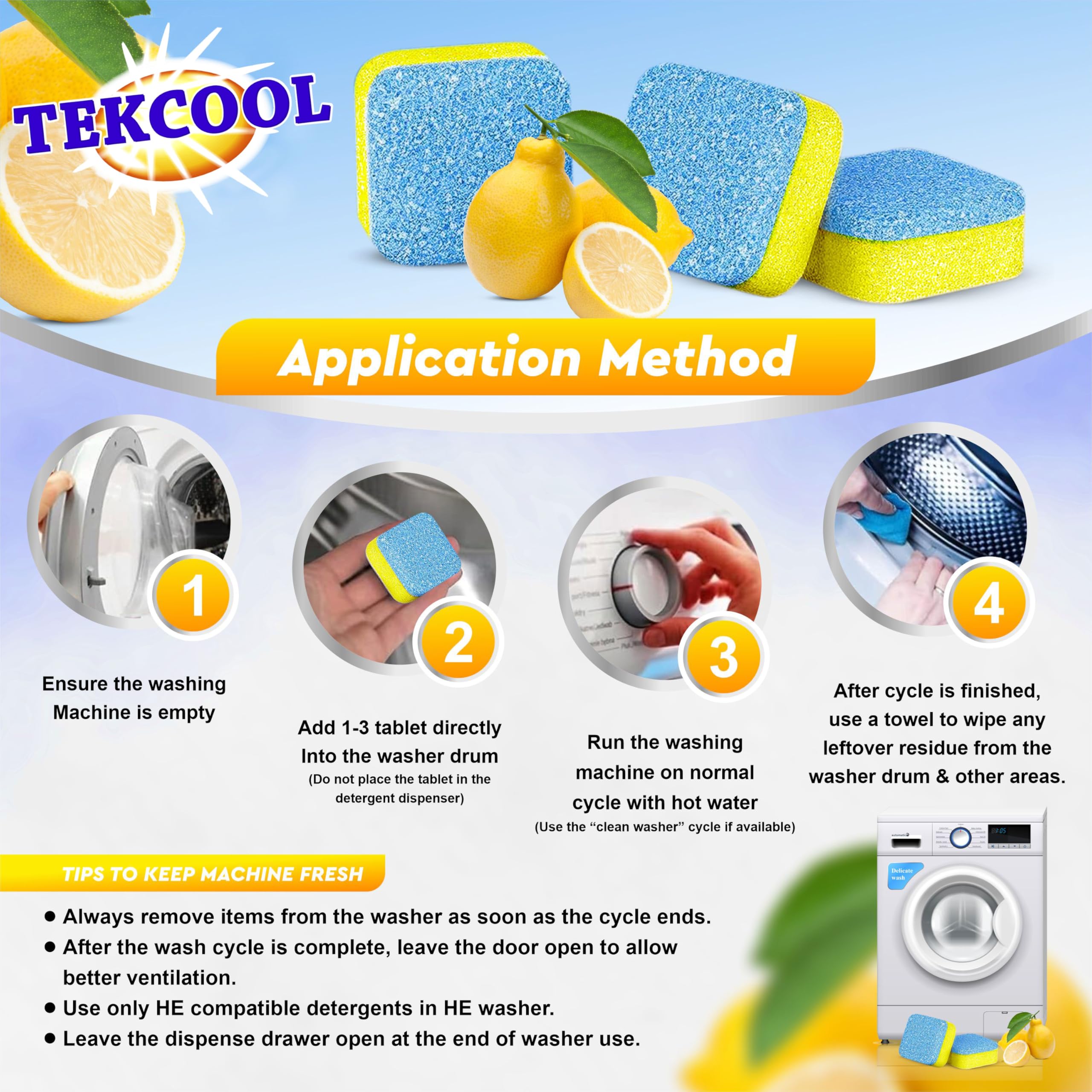 TEKCOOL Washing Machine Cleaner Tablets - 12 Pack Descaling Powder for Deep Cleaning Front & Top Load Washers | Lemon Scented | Removes Odor, Mold & Residue | Ideal for Laundry Maintenance & Appliance Care