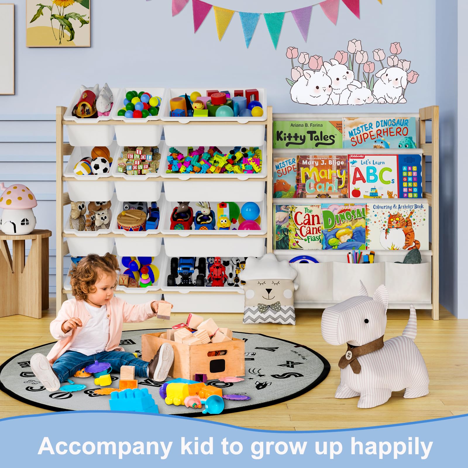 12-Bin Large Toy Storage Organizer with 4-Tier Bookshelf - Kids Room, Playroom & Nursery Organization - Perfect for Storing Toys, Books & Learning Materials