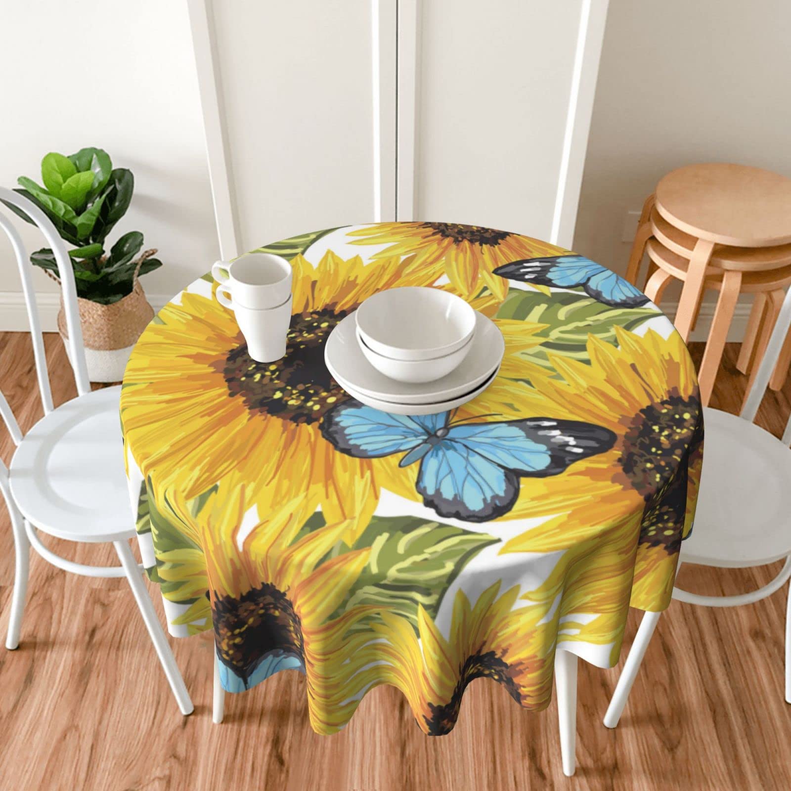 **60 Inch Waterproof Sunflower Tablecloth - Round Butterfly Design Washable Polyester Table Cover for Kitchen, Dining Room, Indoor & Outdoor, Picnic, Patio, Party Decor - Perfect for Spring Celebrations & Garden Gatherings**