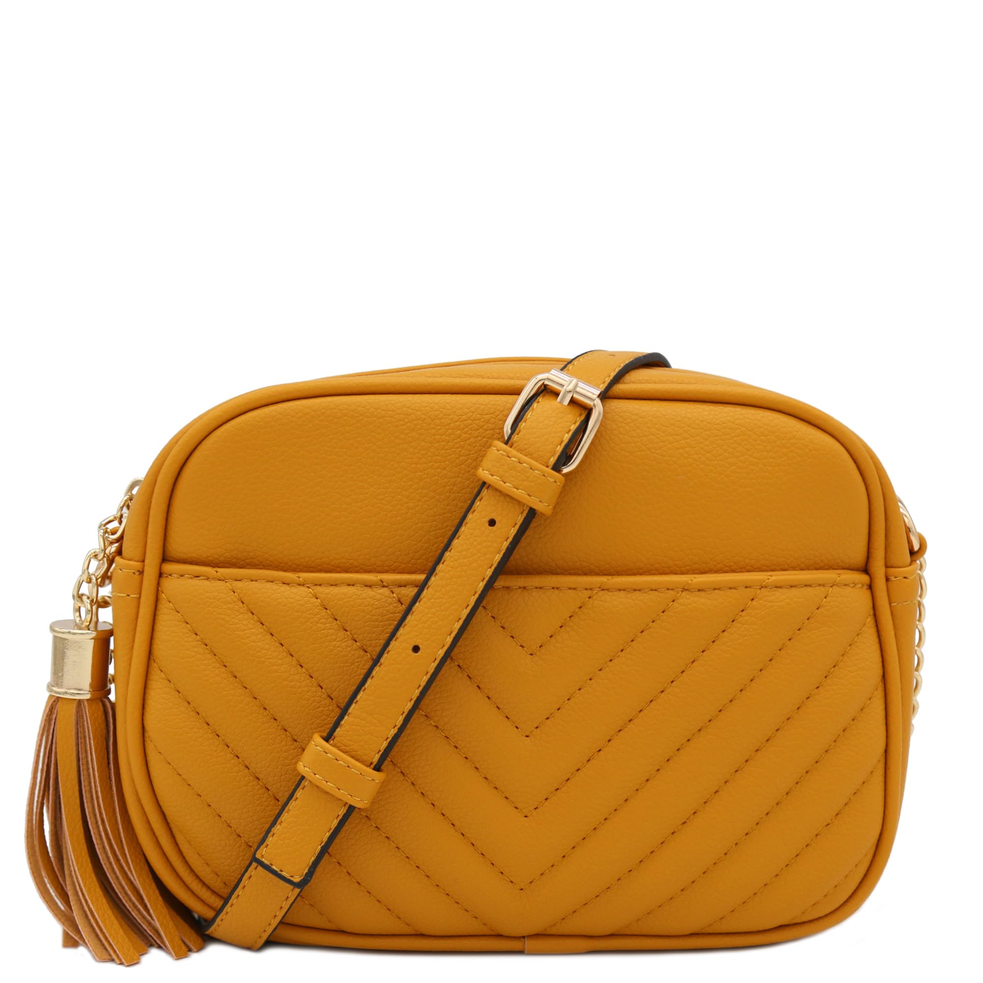 FashionPuzzle Chevron Quilted Crossbody Camera Bag with Adjustable Chain Strap & Tassel - Stylish Women's Purse for Travel, Photography & Everyday Use