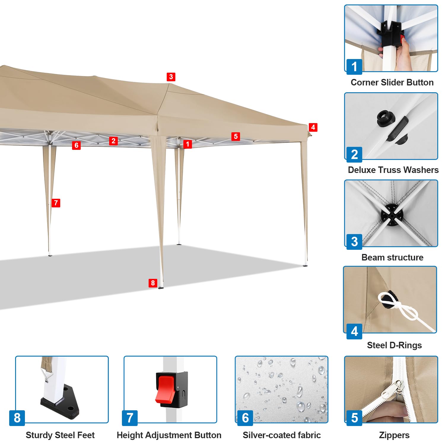 COBIZI 10x20 Pop Up Canopy Tent with 6 Sidewalls - Waterproof Instant Shelter, UPF 50+ Sun Protection, Portable Gazebo for Outdoor Events, Beach Camping, Weddings & Commercial Use - Easy Setup Khaki Canopy
