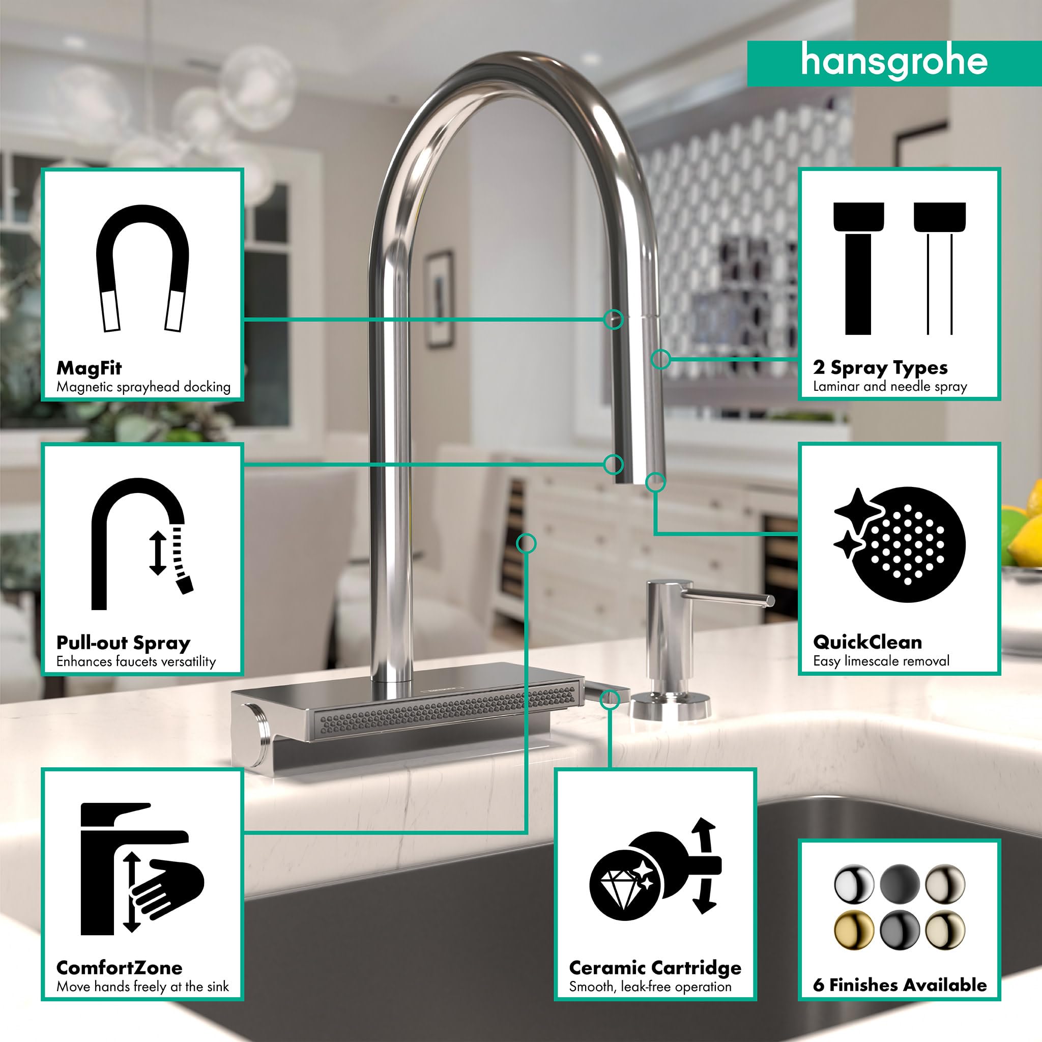 hansgrohe Aquno Select Chrome High Arc Pull Down Kitchen Faucet with Magnetic Docking Spray Head - Premium Kitchen Sink Faucet for Modern Home Cooking and Cleaning