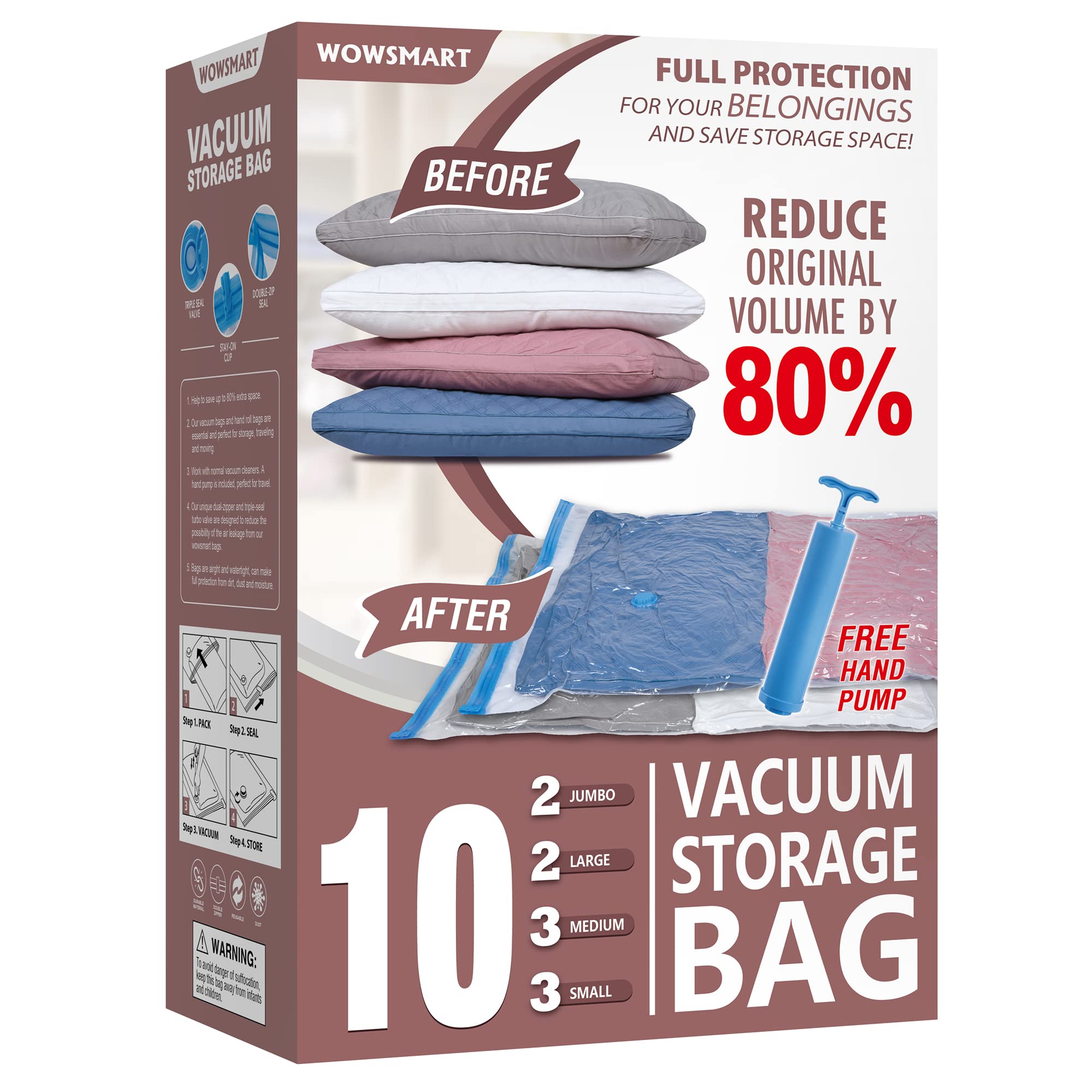 10 Space Saver Vacuum Storage Bags with Hand Pump - 2 Jumbo, 2 Large, 3 Medium, 3 Sizes for Clothes, Comforters & Bedding | Compact Storage Solution for Seasonal Clothing, Travel Packing & Home Organization