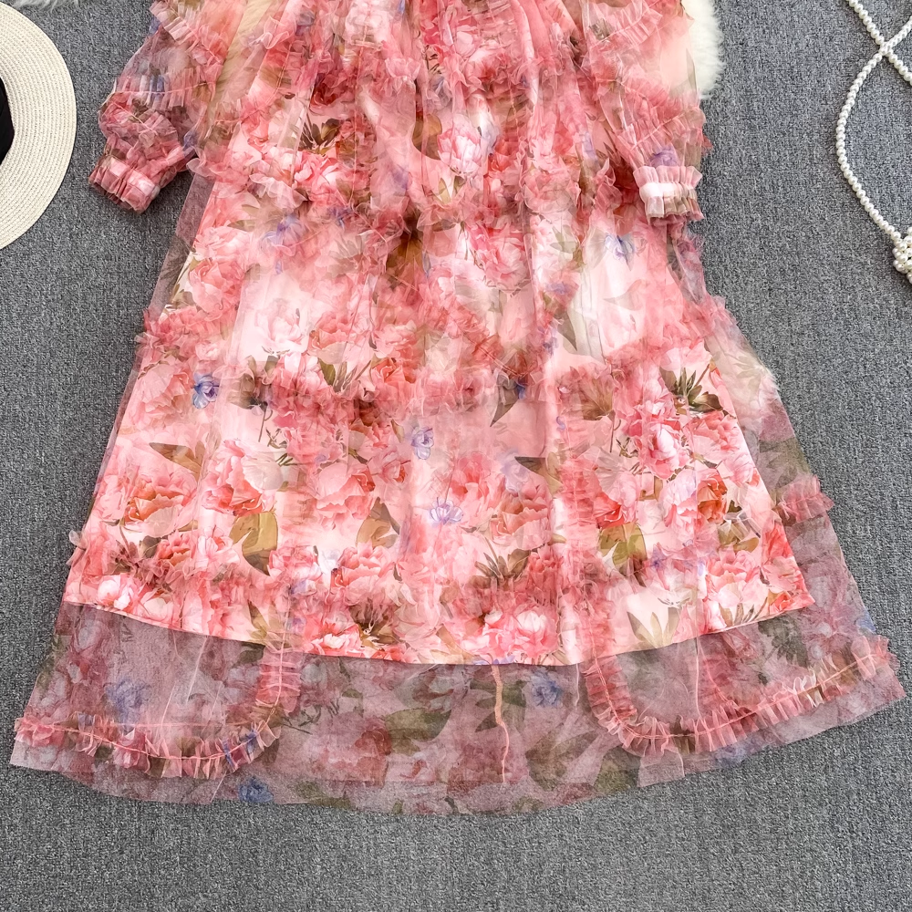 Elegant Long Sleeve Stand Collar A-Line Printed Chiffon Dress for Women - Perfect for Weddings, Parties & Formal Occasions
