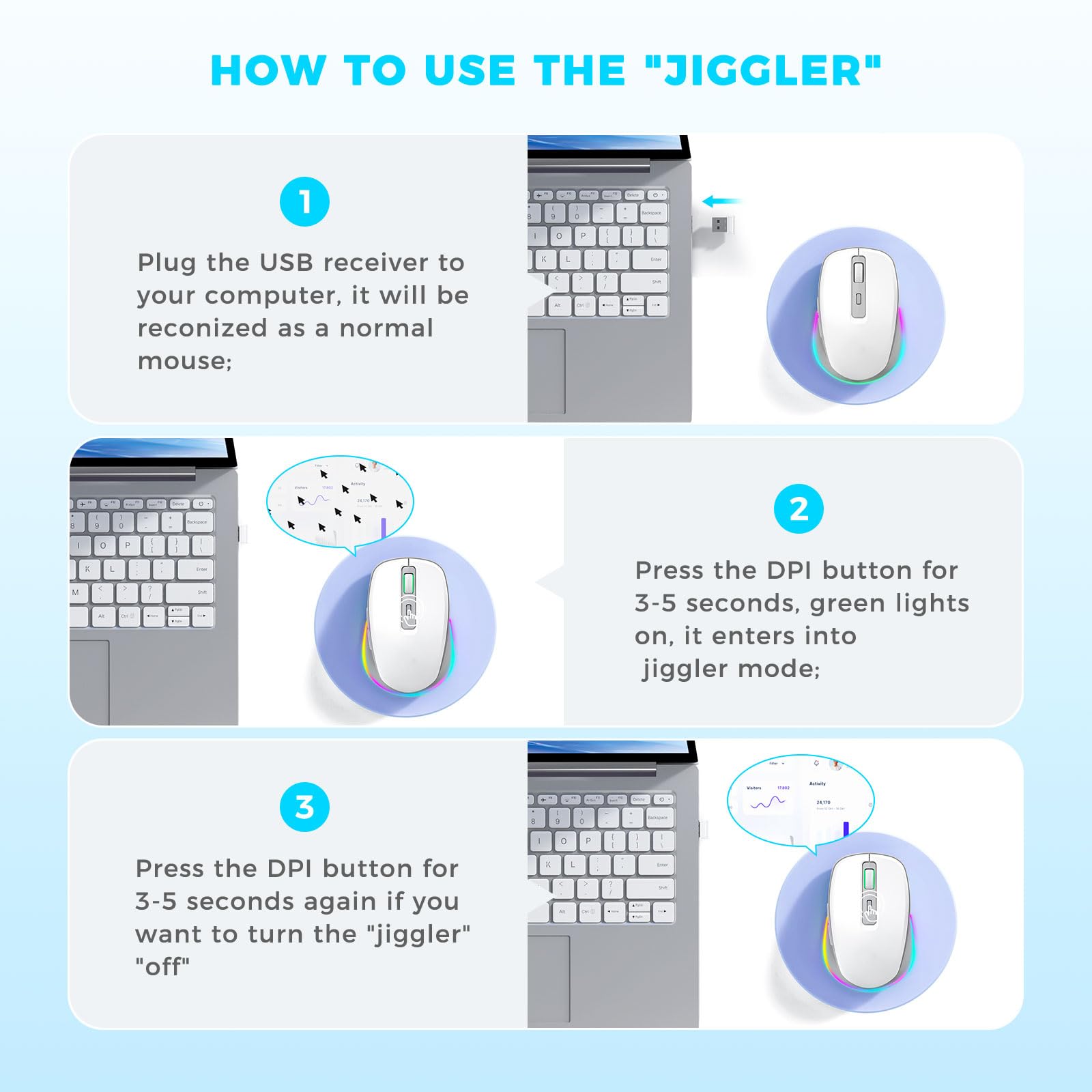 PEIOUS Wireless Mouse Jiggler - Undetectable Random Movement USB Mouse with Built-in Mover, Rechargeable Silent Mouse for Laptop/PC to Prevent Sleep Mode - White & Grey - Perfect for Remote Work, Online Meetings & Computer Maintenance