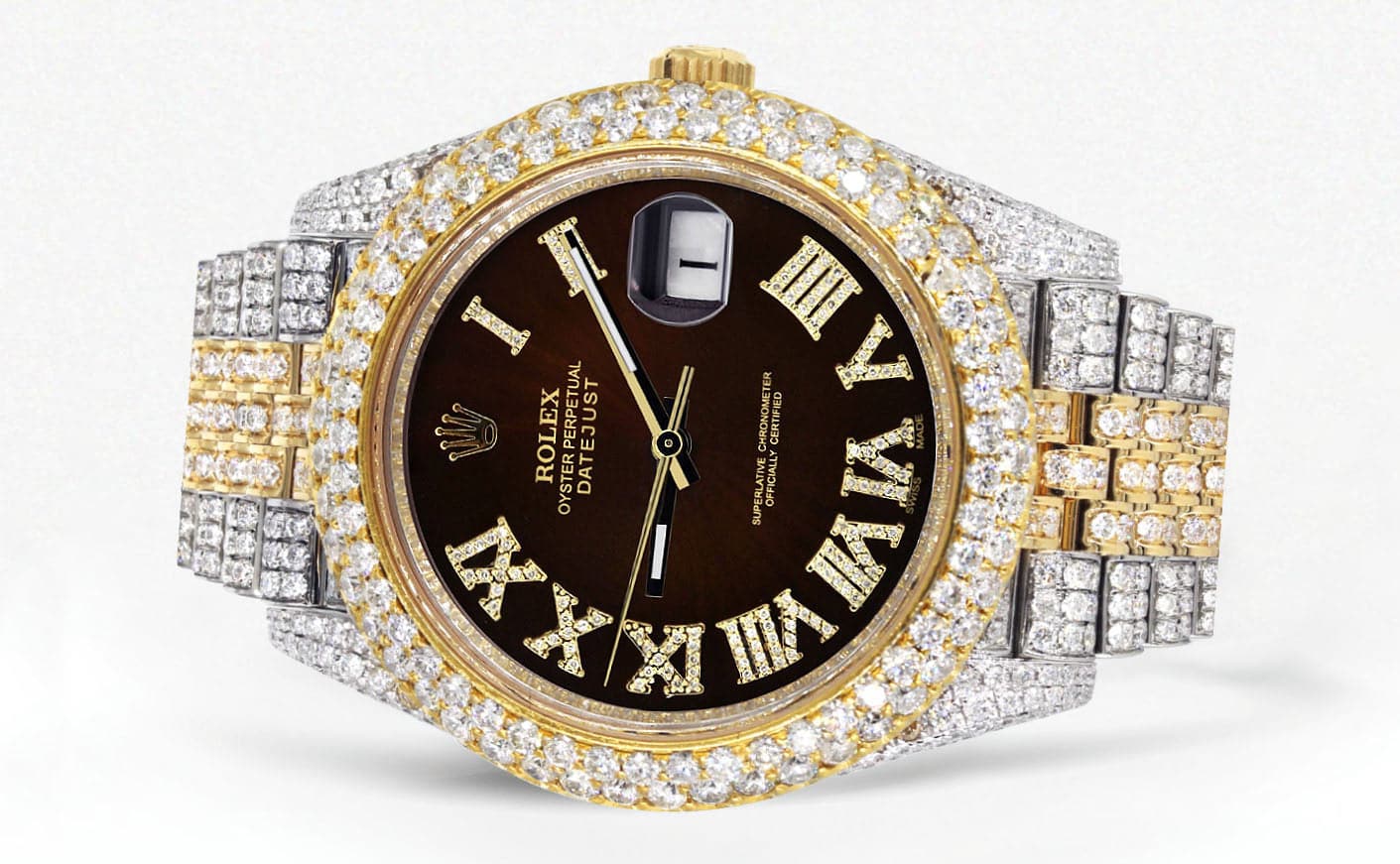 Luxury Diamond Iced Out Rolex Datejust 41 Watch - 25 Carats VVS Diamonds | Custom Dark Chocolate Roman Dial | Two-Tone Jubilee Bracelet | Perfect for Gifts, Weddings & Special Occasions