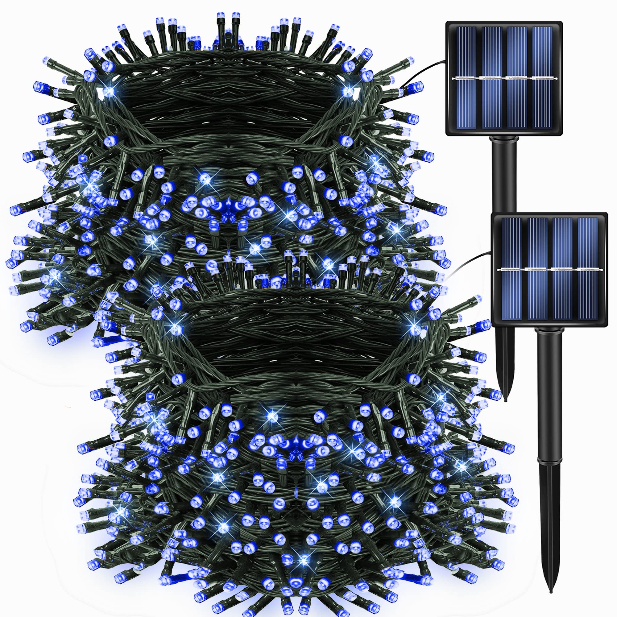 Dazzle Bright 2 Pack 200 LED 66 FT Blue Christmas Solar String Lights - Outdoor Solar Powered Waterproof Fairy Lights with 8 Modes for Bedroom, Patio, Garden, Tree, Party & Yard Decoration - Perfect for Holiday, Wedding & Landscape Lighting
