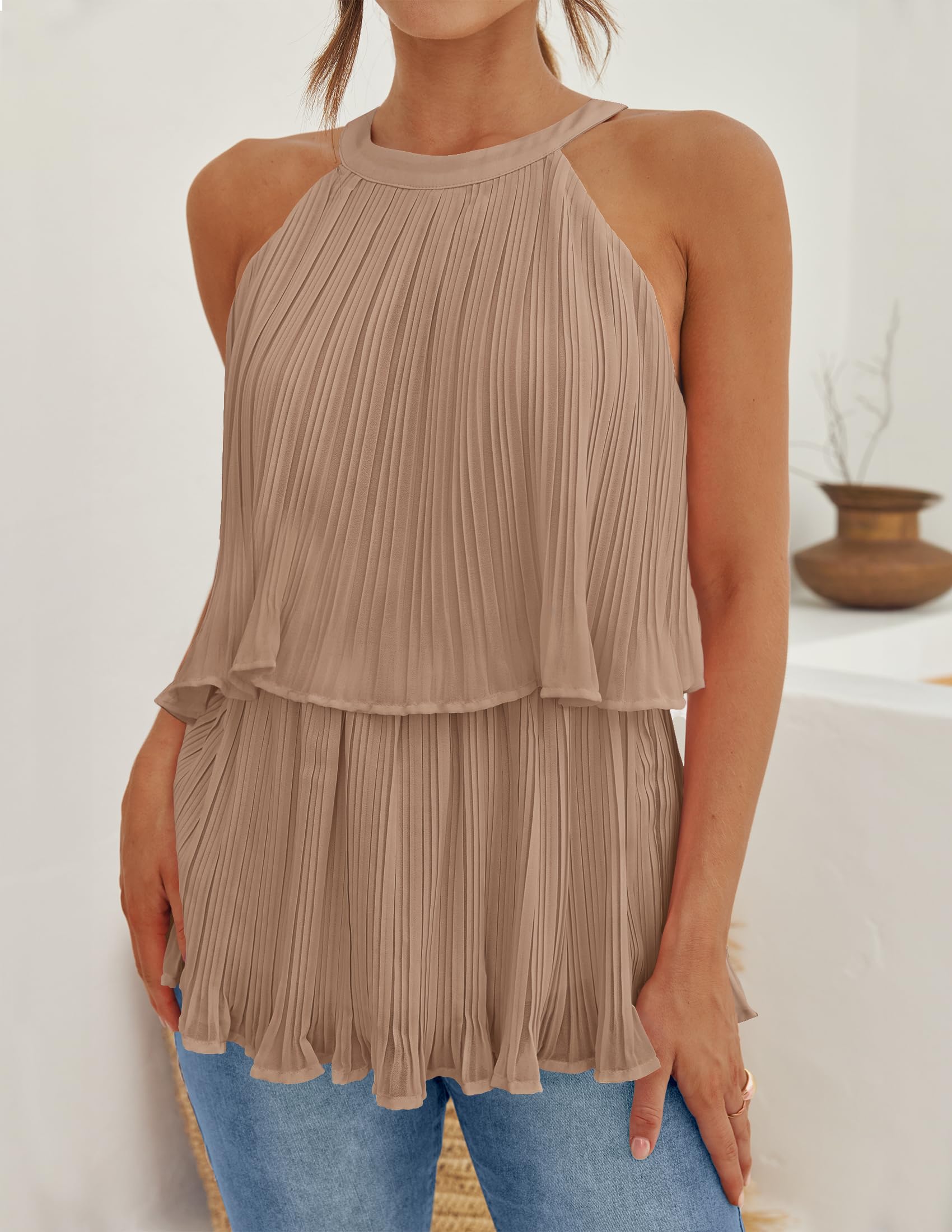 ZESICA Women's Summer Halter Tank Tops - Casual Sleeveless Ruffle Blouse with Layered Chiffon Design | Perfect for Beach, Vacation & Summer Outfits