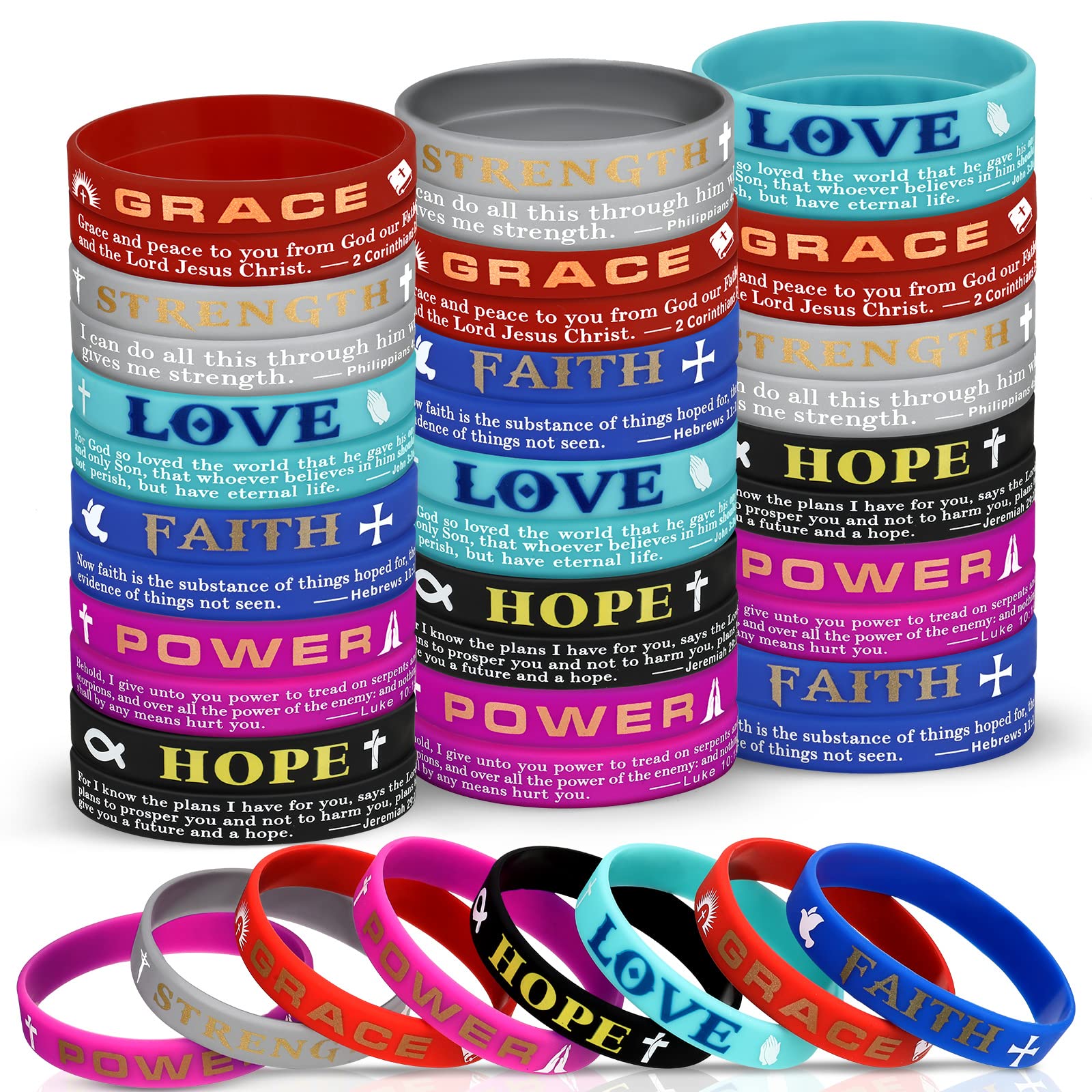 48 Pcs Christian Silicone Wristbands - Bible Verse Bracelets with Inspirational Scripture (Hope, Faith, Strength, Grace, Love) - Religious Gifts for Men & Women - Perfect for Church Events, Bible Study Groups, and Daily Encouragement