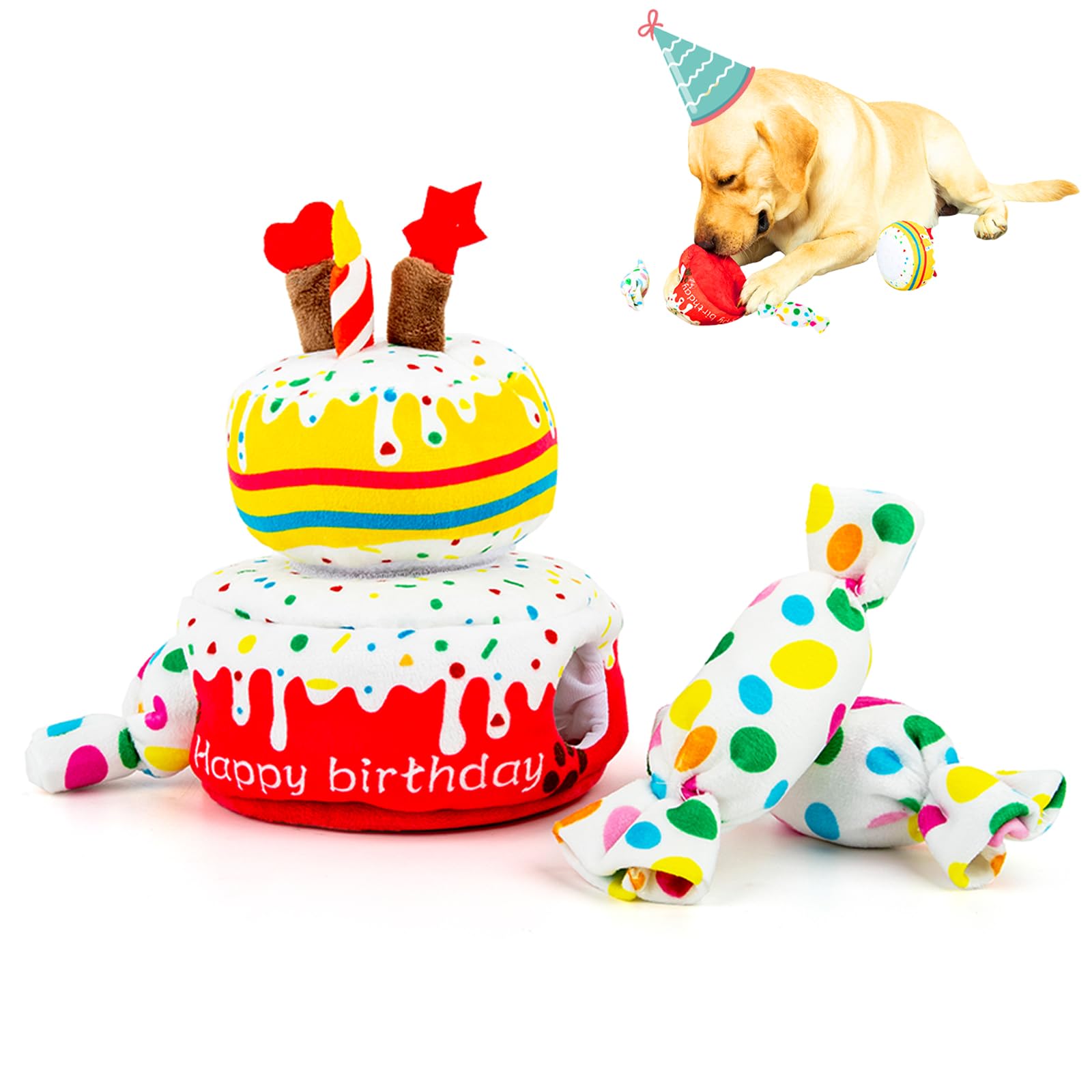 Dog Birthday Toy & Cake Plush with Squeaker - Fun Birthday Gift for Small, Medium & Large Dogs - Perfect for Puppy Parties & Celebration Playtime
