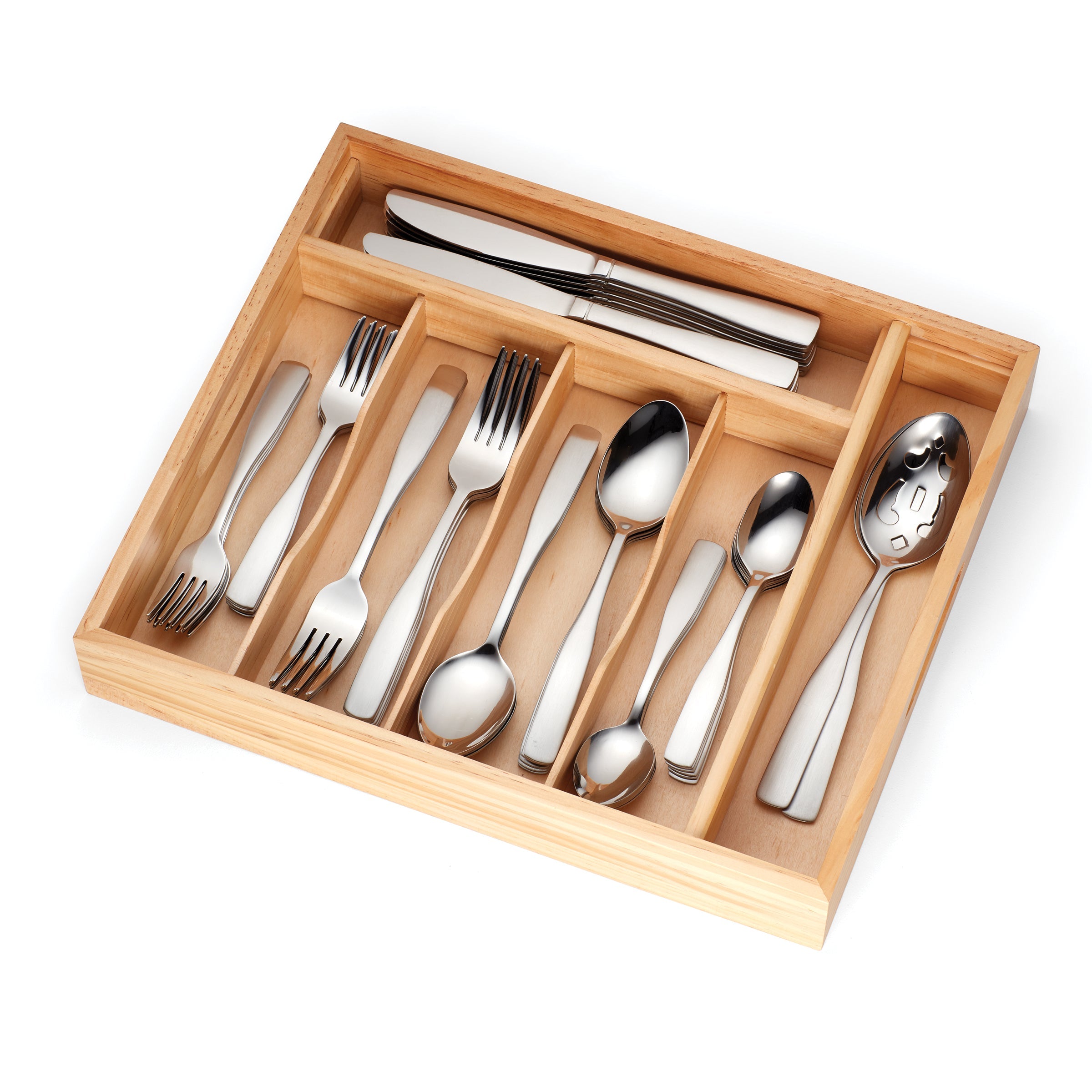 Madison Satin 62-Piece Flatware Set with Wooden Tray - Elegant Stainless Steel Cutlery Set for 12, Perfect for Dinner Parties, Weddings & Formal Dining