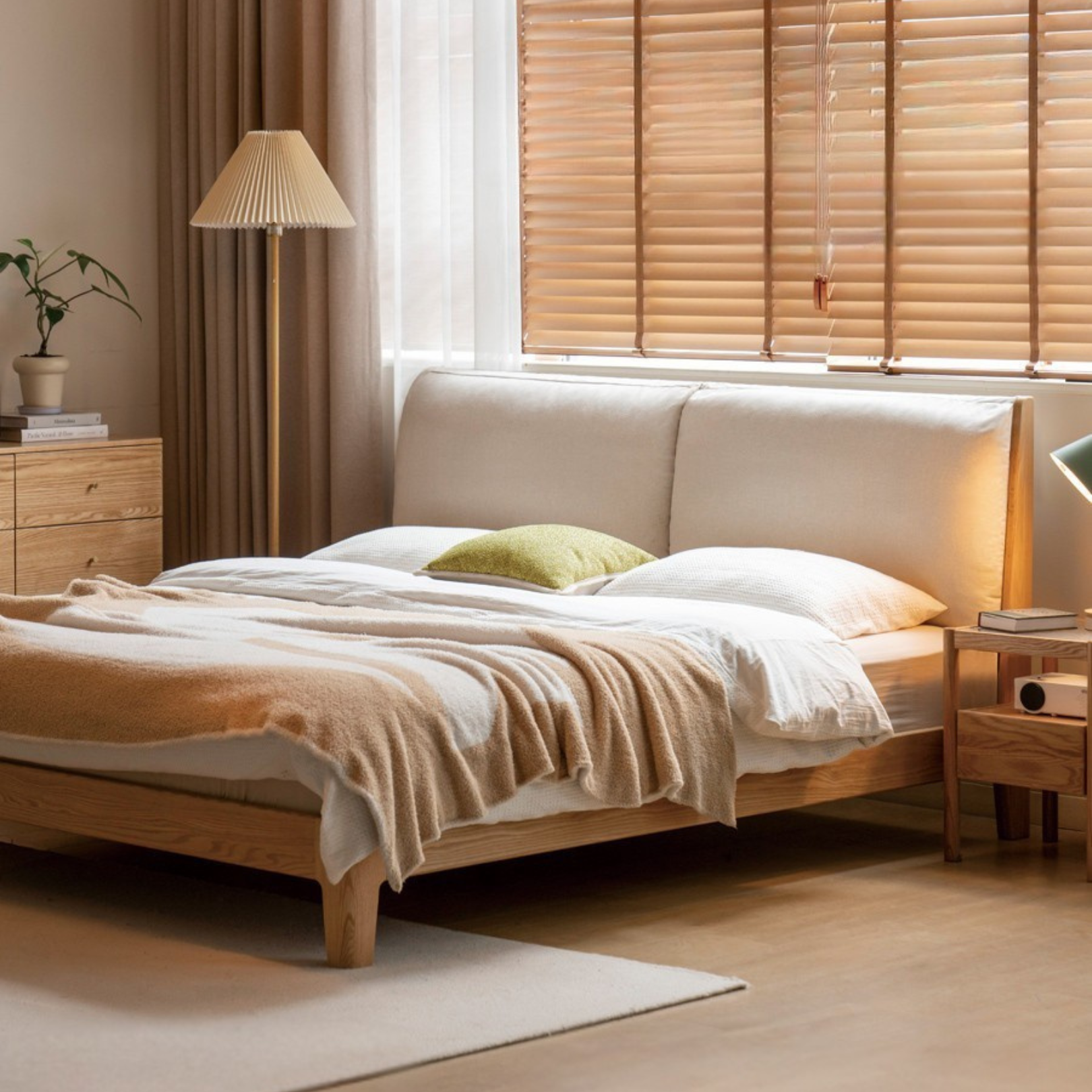 Solid Oak and Black Walnut Wood Fabric Soft Bed - Premium Handcrafted Wooden Bed Frame for Bedroom, Durable and Stylish Home Furniture for Master Bedroom, Guest Room, or Kids Room