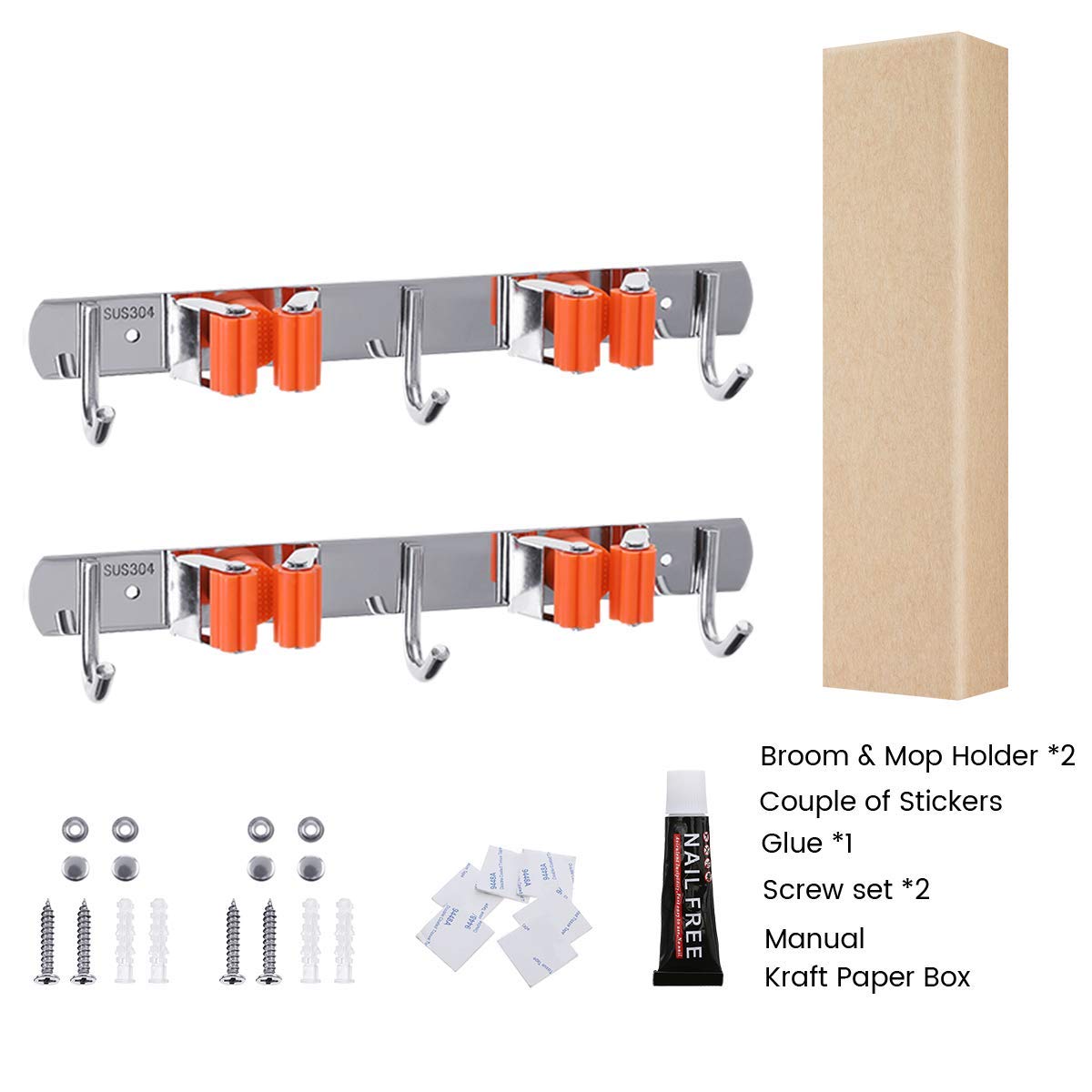2 Pack Heavy Duty Stainless Steel Broom Holder Wall Mount - 4 Racks & 6 Hooks for Bathroom, Kitchen, Office, Closet, Garden - Space Saving Storage Organizer for Brooms, Mops, Tools and Cleaning Supplies