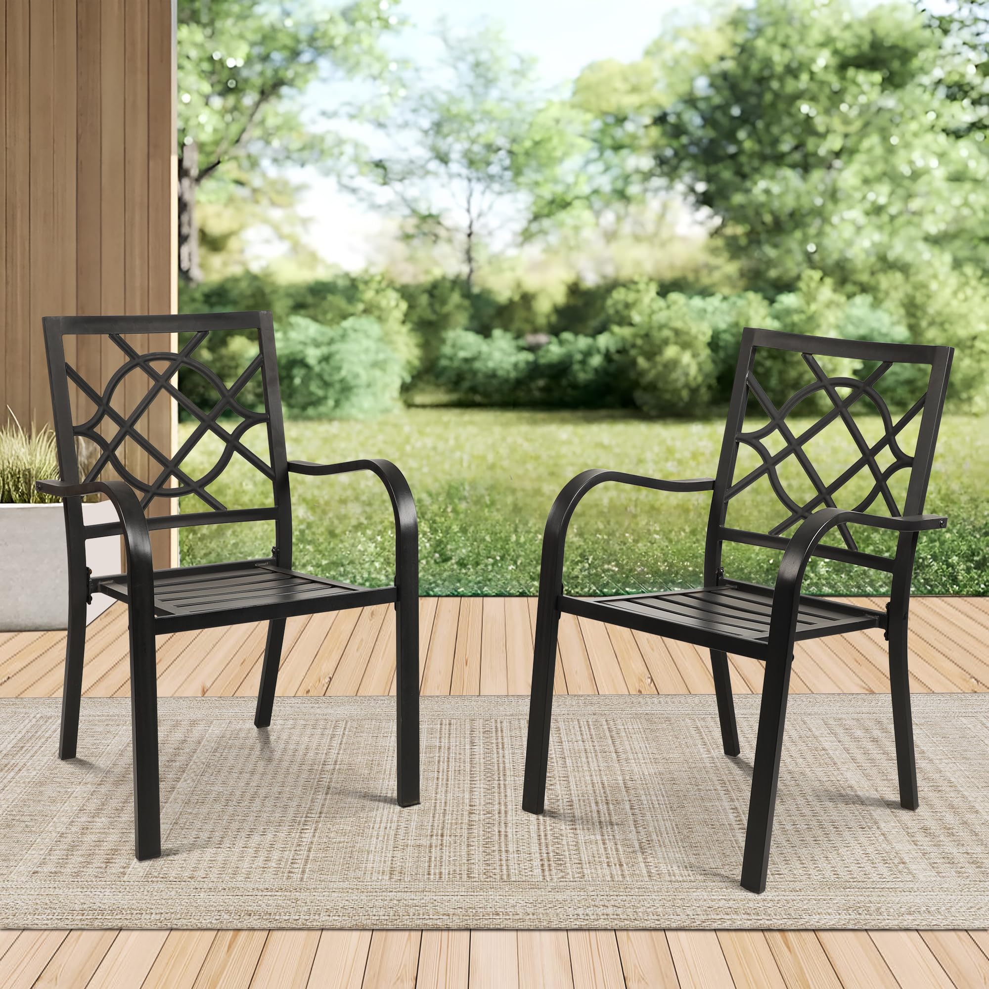 Incbruce 300lbs Capacity Patio Chairs Set of 2 - Heavy Duty Stackable Outdoor Dining Chairs with Metal Frame & Wrought Iron Black Finish - Perfect for Garden, Poolside, Backyard, Deck, and Outdoor Entertaining