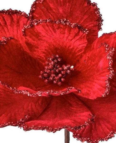 24 Red Velvet Glitter Beaded Edge Magnolia Stems - Artificial Flower Arrangements for Wedding Centerpieces, Home Decor, and DIY Crafts