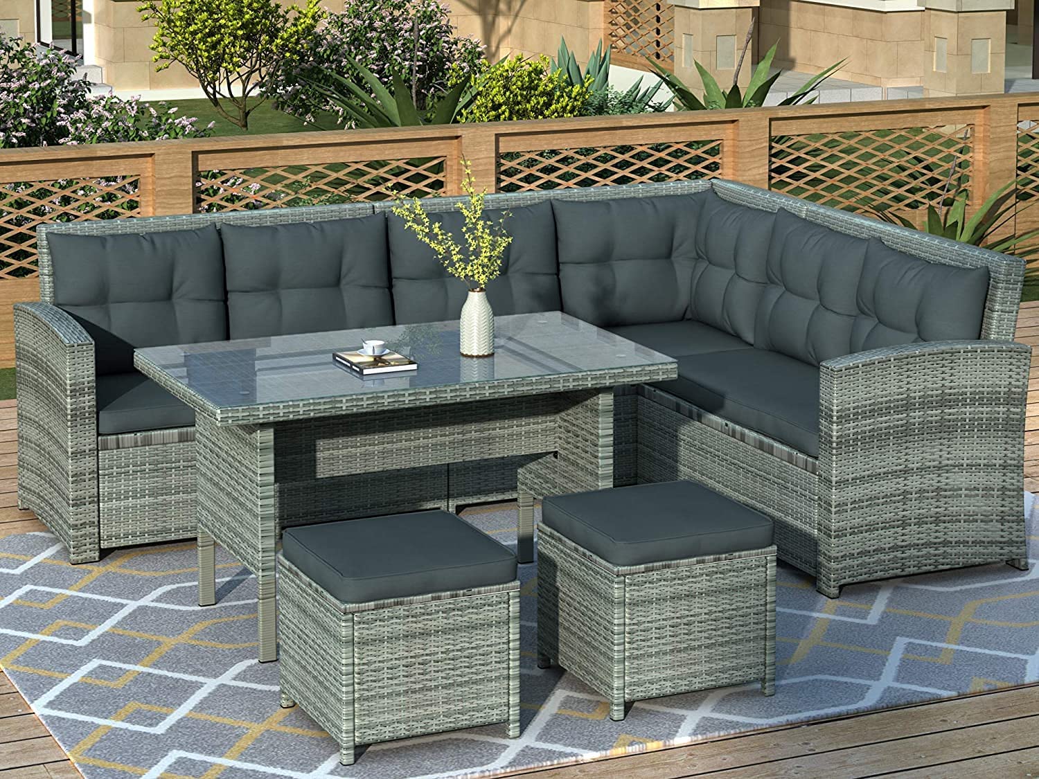 GAOPAN 6-Piece Outdoor Patio Furniture Set - All-Weather Wicker Rattan Sectional Sofa with Cushions, Glass Top Dining Table & 2 Stools in Dark Light Grey - Perfect for Backyard, Garden, Poolside or Balcony Relaxation