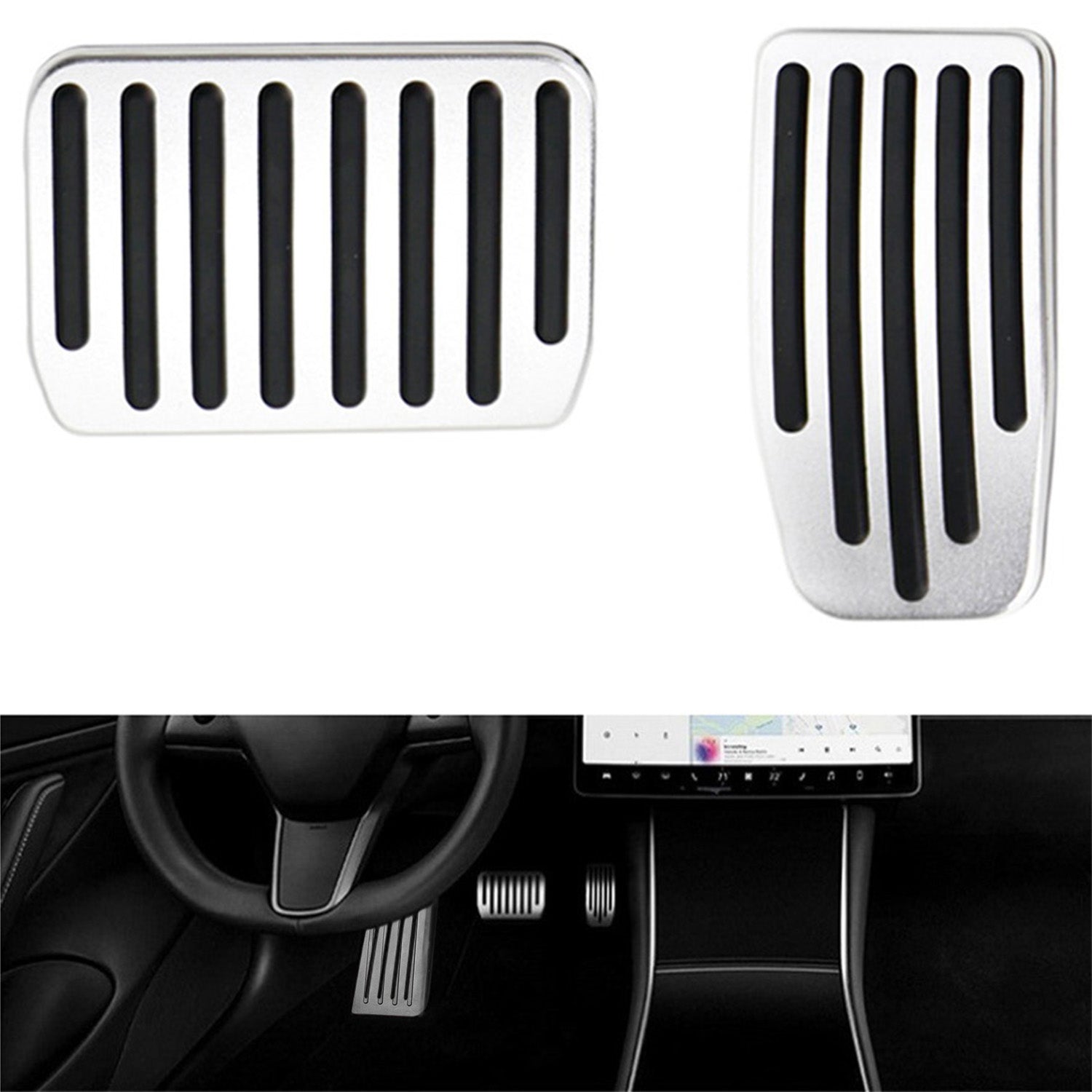 2-Piece Silver Aluminum Foot Pedal Covers for 2017+ Tesla Model 3 - Track Design Style - Upgrade Interior & Enhance Driving Experience