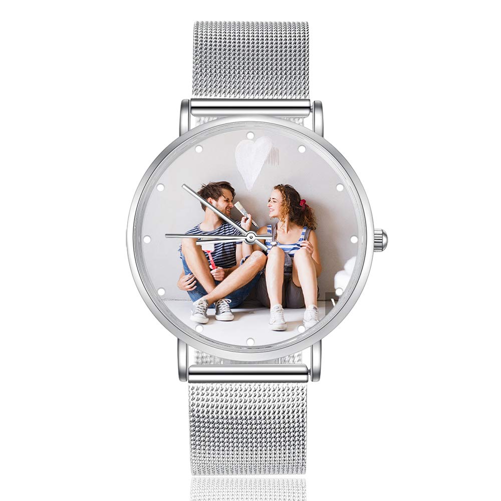 Gemszoo Personalized Photo Watch - Custom Picture Stainless Steel Mesh Quartz Watch for Men & Women - Perfect Gift for Anniversaries, Birthdays & Special Occasions