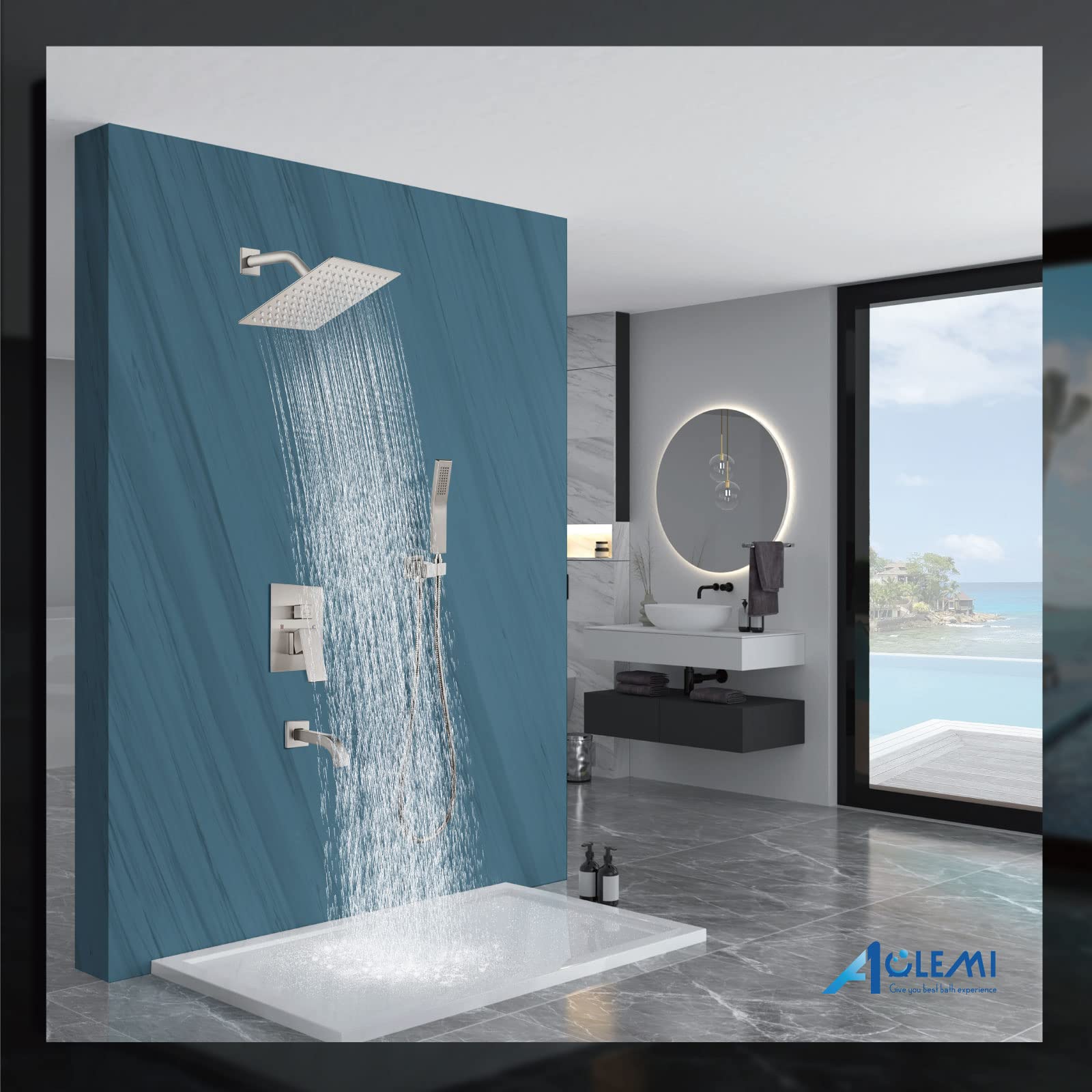 Aolemi Luxury Rainfall Shower System Combo Set - 8 Inch Shower Head, Handheld Shower, Tub Filler & Wall Mount Mixer Faucet with Rough-in Valve in Brushed Nickel | Perfect for Spa-Like Bathroom Renovations & Modern Home Upgrades