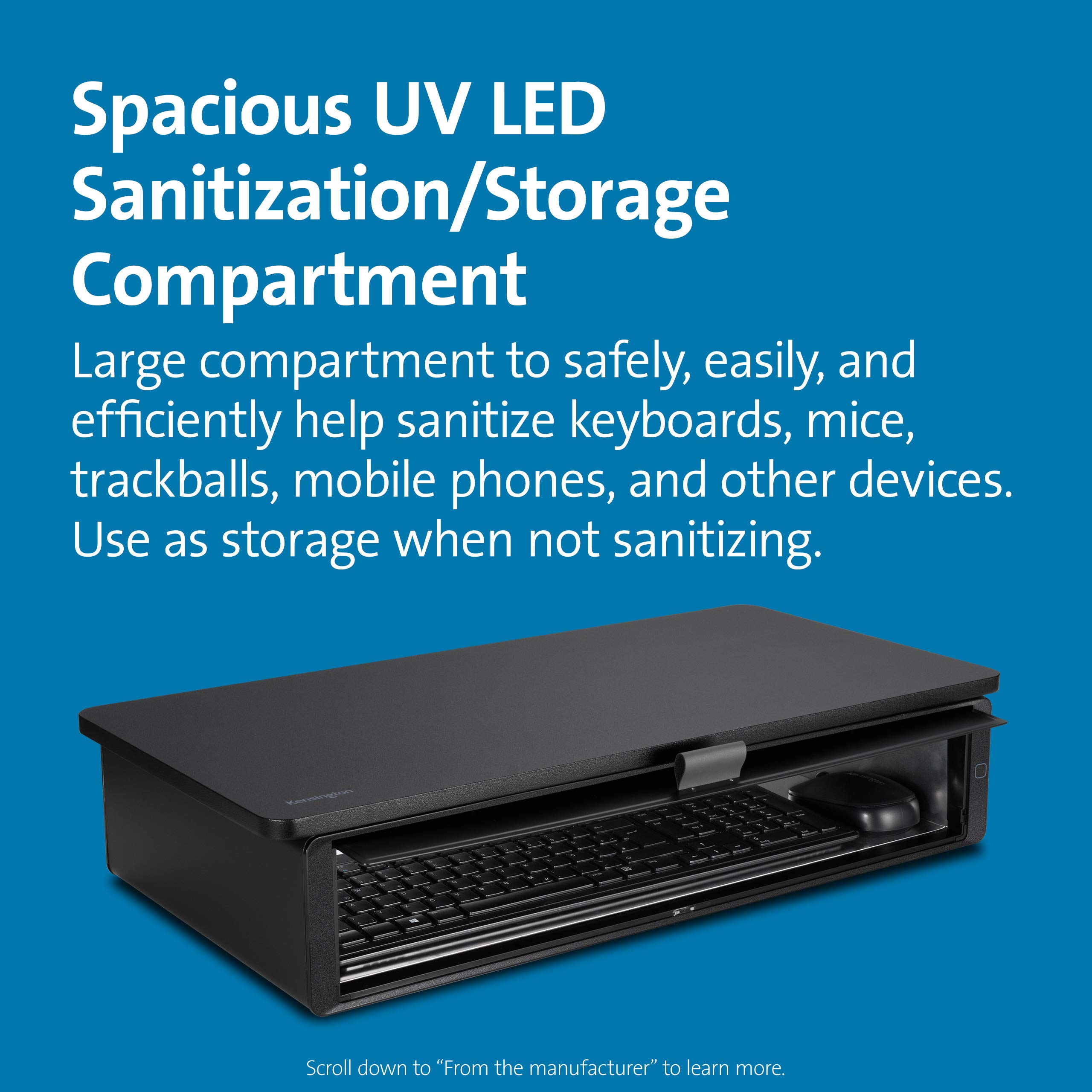 Kensington UVStand™ Monitor Riser with UV Disinfection & Storage Drawer - Ergonomic Computer Monitor Stand for Desktops up to 34
