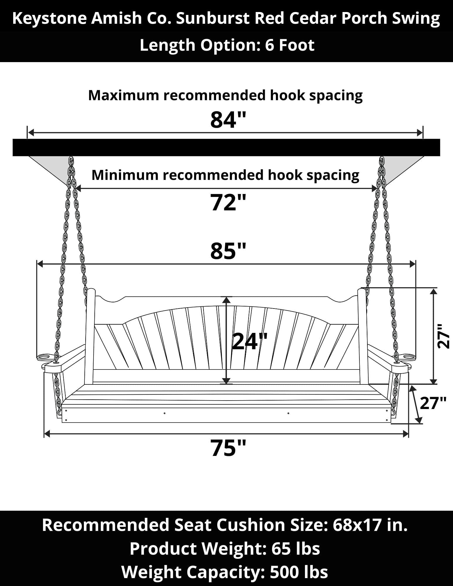 Keystone Amish Co. 6 Foot Sunburst Red Cedar Porch Swing With Cup Holders - Outdoor Patio Furniture for Relaxing in Garden, Backyard or Deck