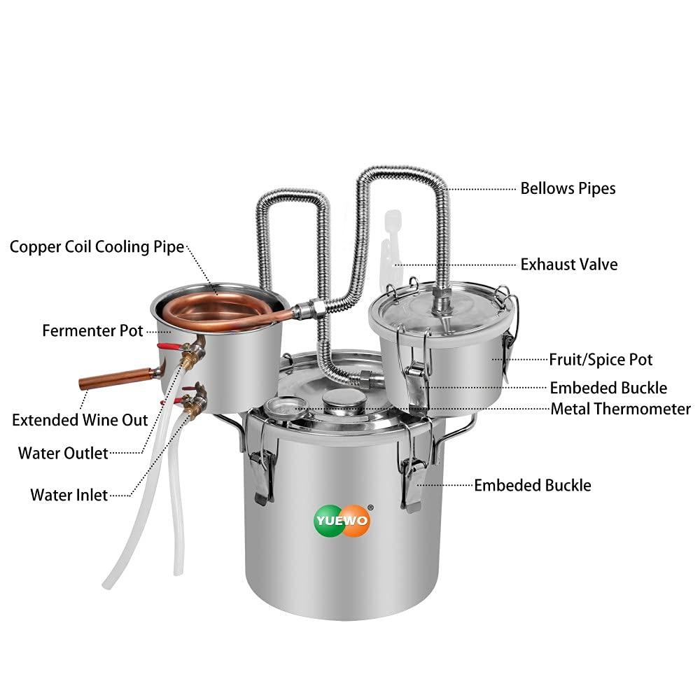 YUEWO 5 Gallon Alcohol Still - 3 Pot Copper Distiller Kit for Home Brewing Whisky, Wine, Brandy & Essential Oils | DIY Spirits Making Equipment for Beginners & Enthusiasts | Perfect for Home Bars, Craft Distilleries & Small Batch Production