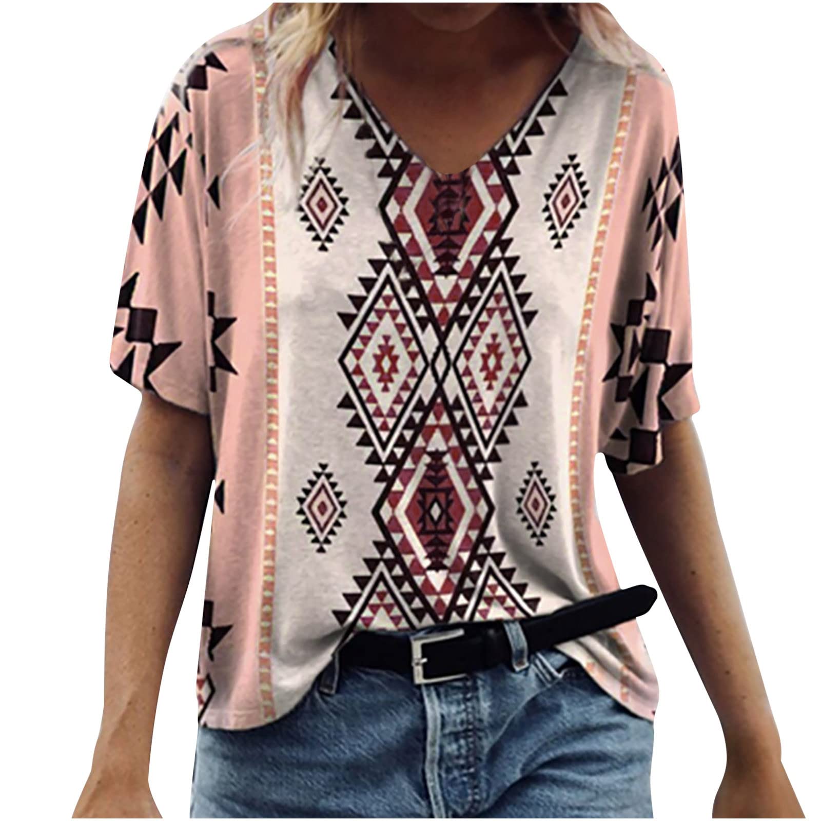 Women's Western Aztec Ethnic Print Short Sleeve Crewneck T-Shirt - Loose Fit Boho Blouse & Tunic Tee for Casual Wear, Summer Outfits, and Festival Fashion