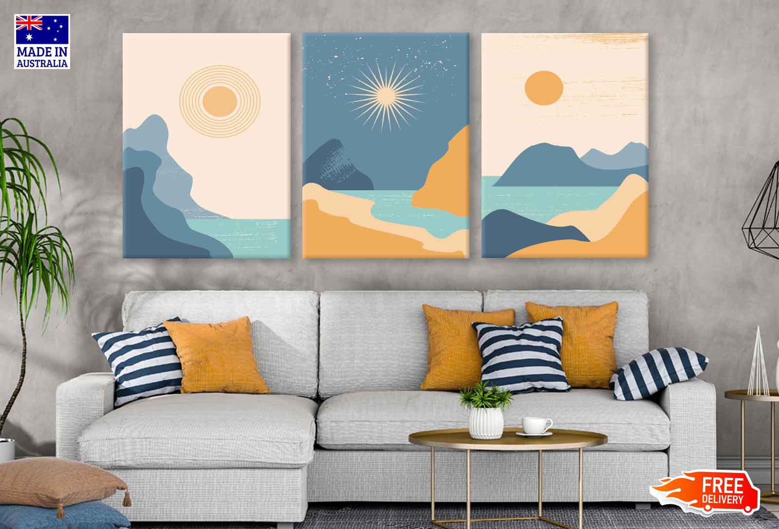 3-Piece Sea Sky Mountain Vector Art Canvas Prints - High Quality Australian Made Wall Decor - Ready to Hang for Living Room, Bedroom & Office