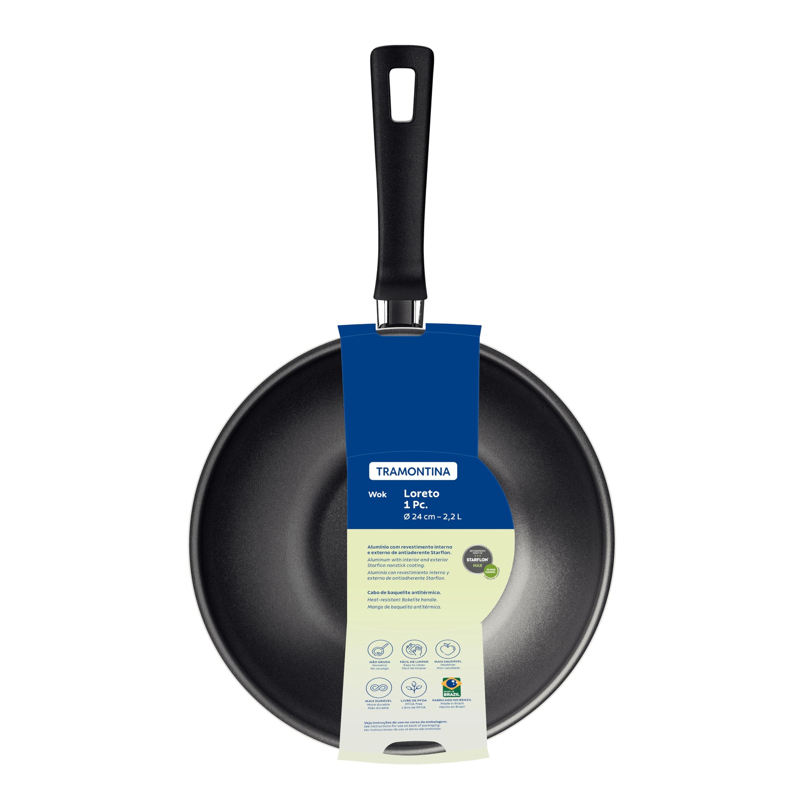 Tramontina Loreto 24cm Aluminum Wok Pan with Starflon Max Graphite Nonstick Coating - 2.2L Capacity - Perfect for Stir-Frying, Sautéing & Asian Cooking