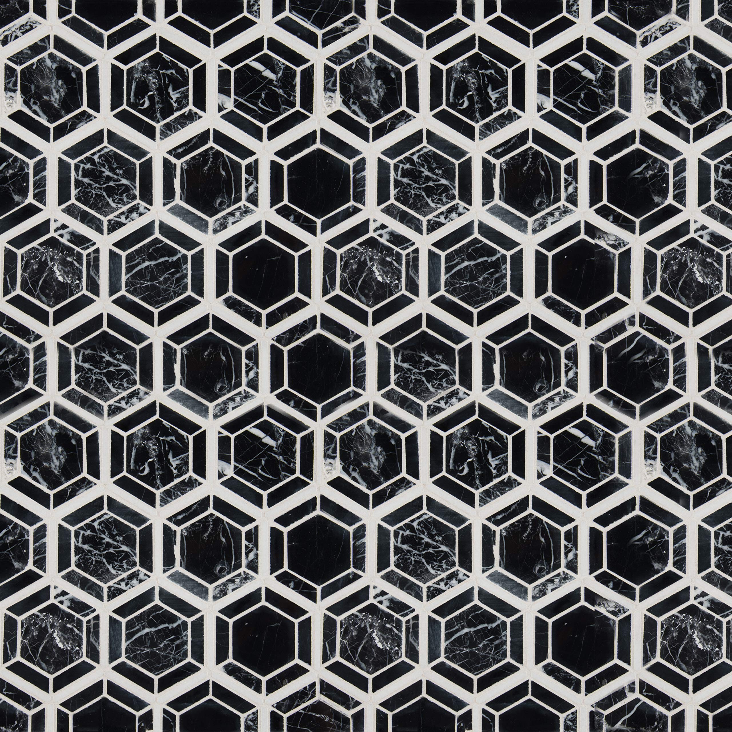 MSI Hexagono Nero 13.25 x 11.5 Inch Geometric Polished Marble Mesh-Mounted Mosaic Wall Tile - Black & White Hexagon Tile for Bathroom, Kitchen Backsplash, Flooring, and Countertops | Perfect for Modern Home Decor and Commercial Spaces