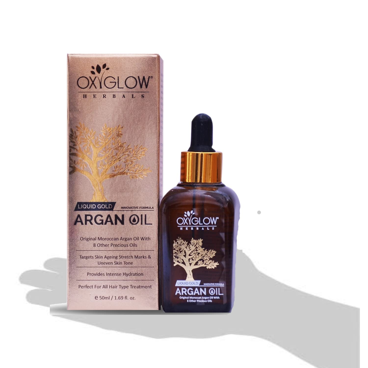 Premium OXYGLOW HERBALS Moroccan Argan Oil with 8 Essential Oils - 50g for Hair & Skin Care | Men & Women | Perfect for Daily Moisturizing, Frizz Control & Anti-Aging