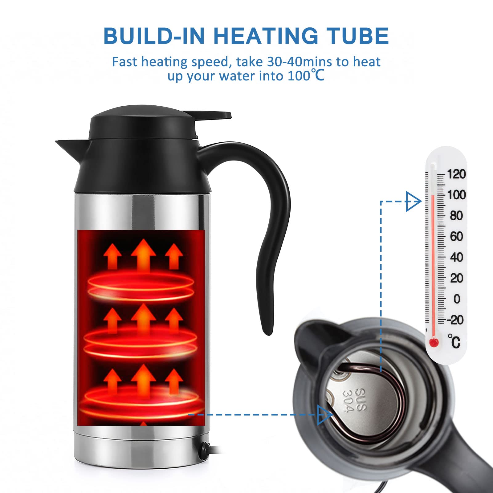 Sunsbell 650ml Portable Electric Car Kettle - 12V Stainless Steel Travel Mug with DC Charger | Fast Water Boiler & Coffee Warmer for Road Trips, Camping & Office Commute (Silver)