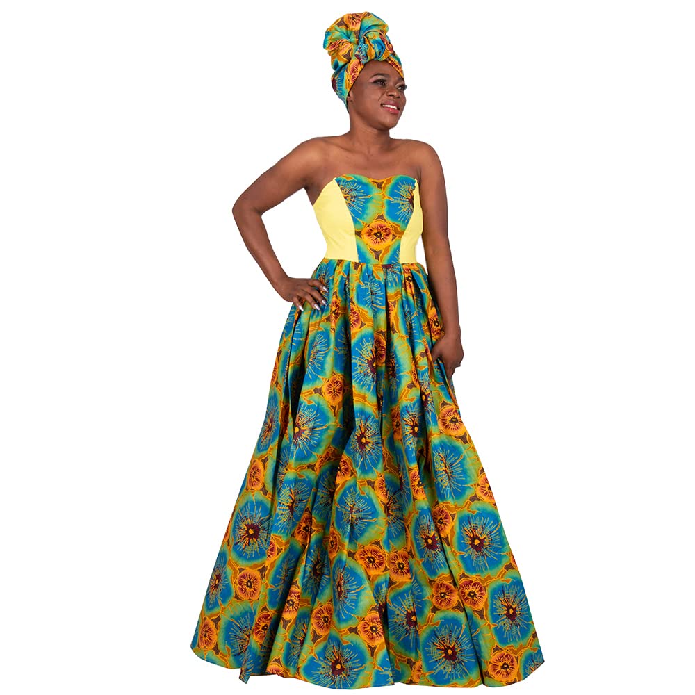 BAZINRICHE African Print Dashiki Ball Gown Dress for Women - Strapless Maxi Party Dress with Matching Headscarf (No Necklace Included) | Perfect for Weddings, Cultural Events & Special Occasions