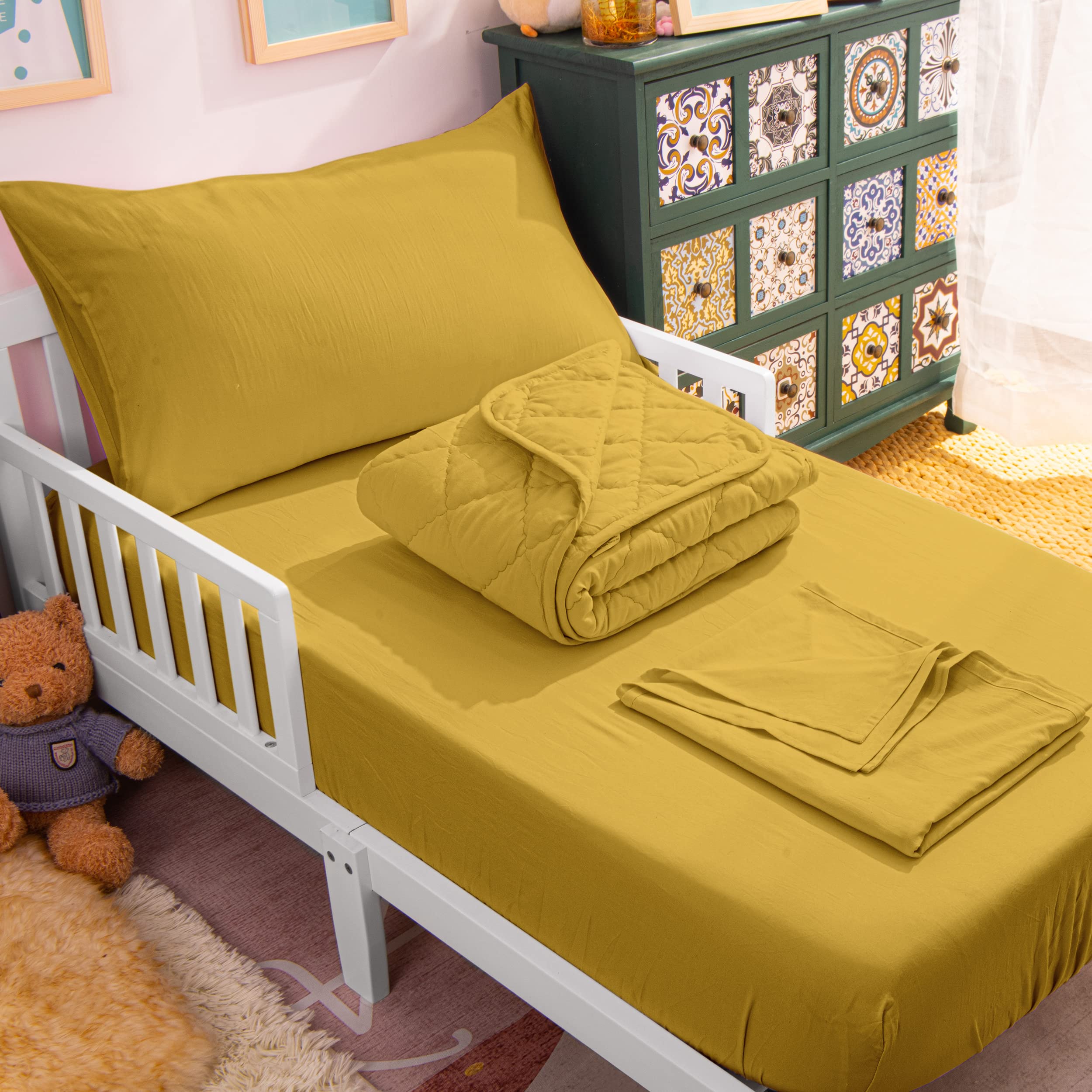 NTBAY 4-Piece Toddler Bedding Set - Soft & Breathable Crib Bedding for Boys & Girls | Quilted Comforter, Fitted Sheet, Flat Sheet & Pillowcase | Yellow Nursery Decor | Perfect for Daycare, Nursery & Toddler Rooms