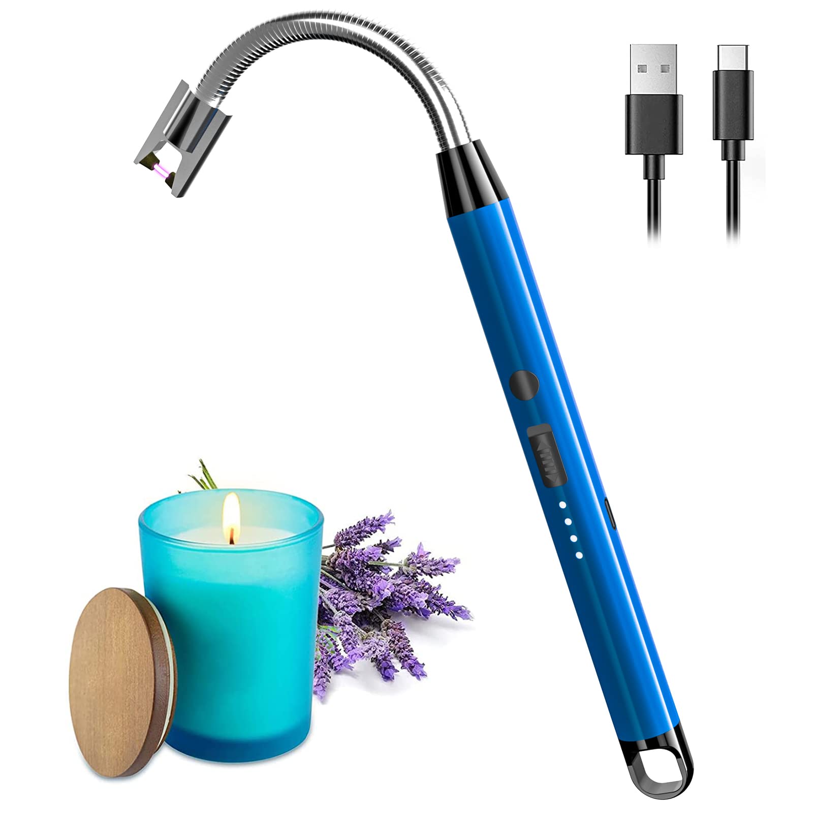 USB Rechargeable Plasma Arc Lighter for Candle & Grill - 360° Flexible Neck, Camping & Cooking (Blue)