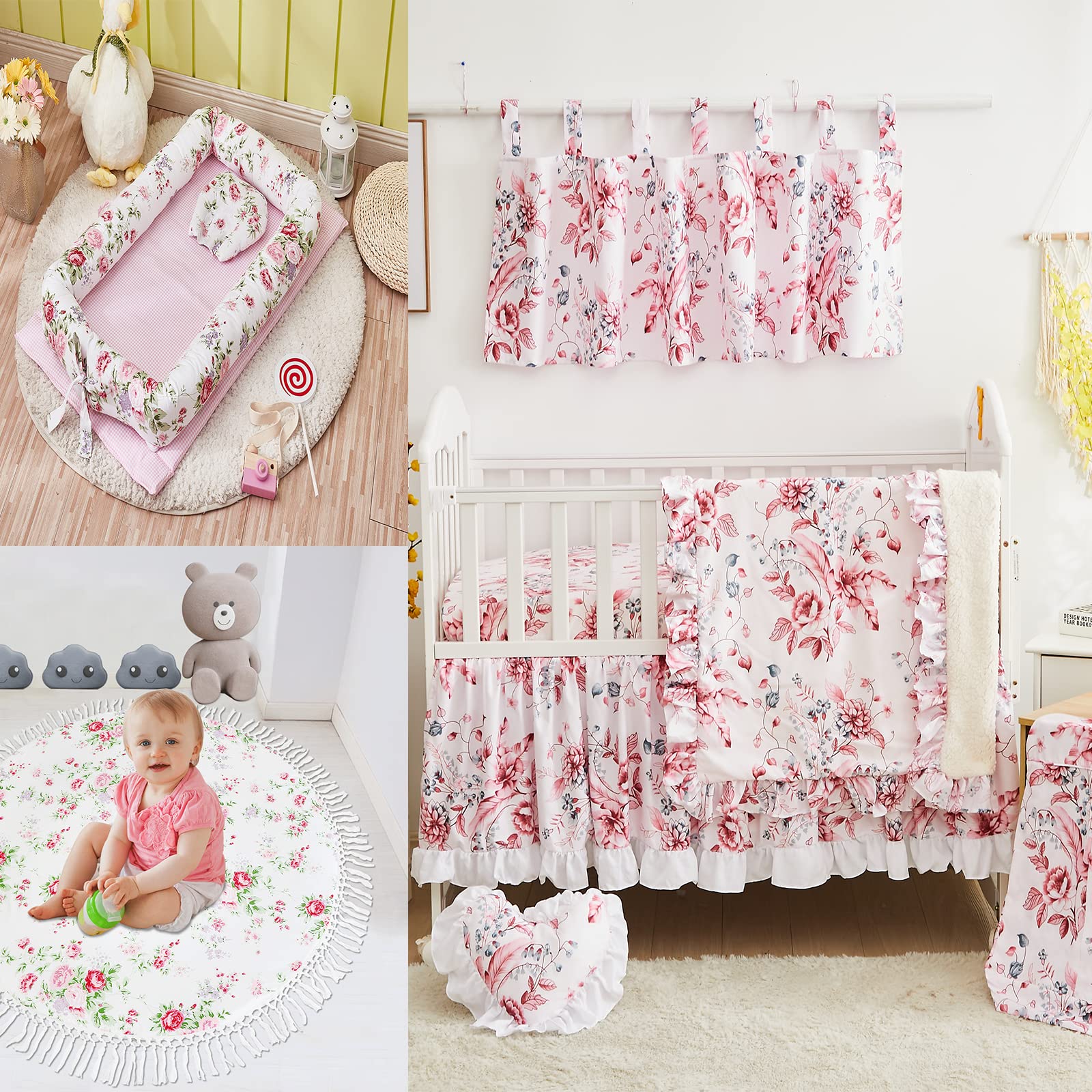 Brandream Floral Baby Crib Bedding Set - 5 Piece Nursery Bedding with Play Mat & Baby Nest for Girls | Soft Cotton Crib Sheets, Crib Skirt & Pillowcase | Perfect for Nursery Decor, Playtime & Newborn Sleep